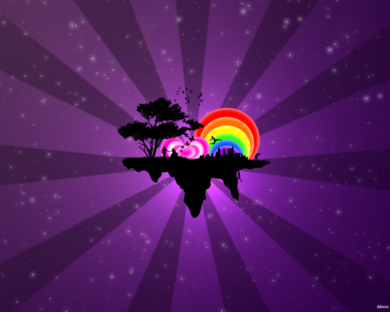 Floating island with rainbow and people HD Wallpaper