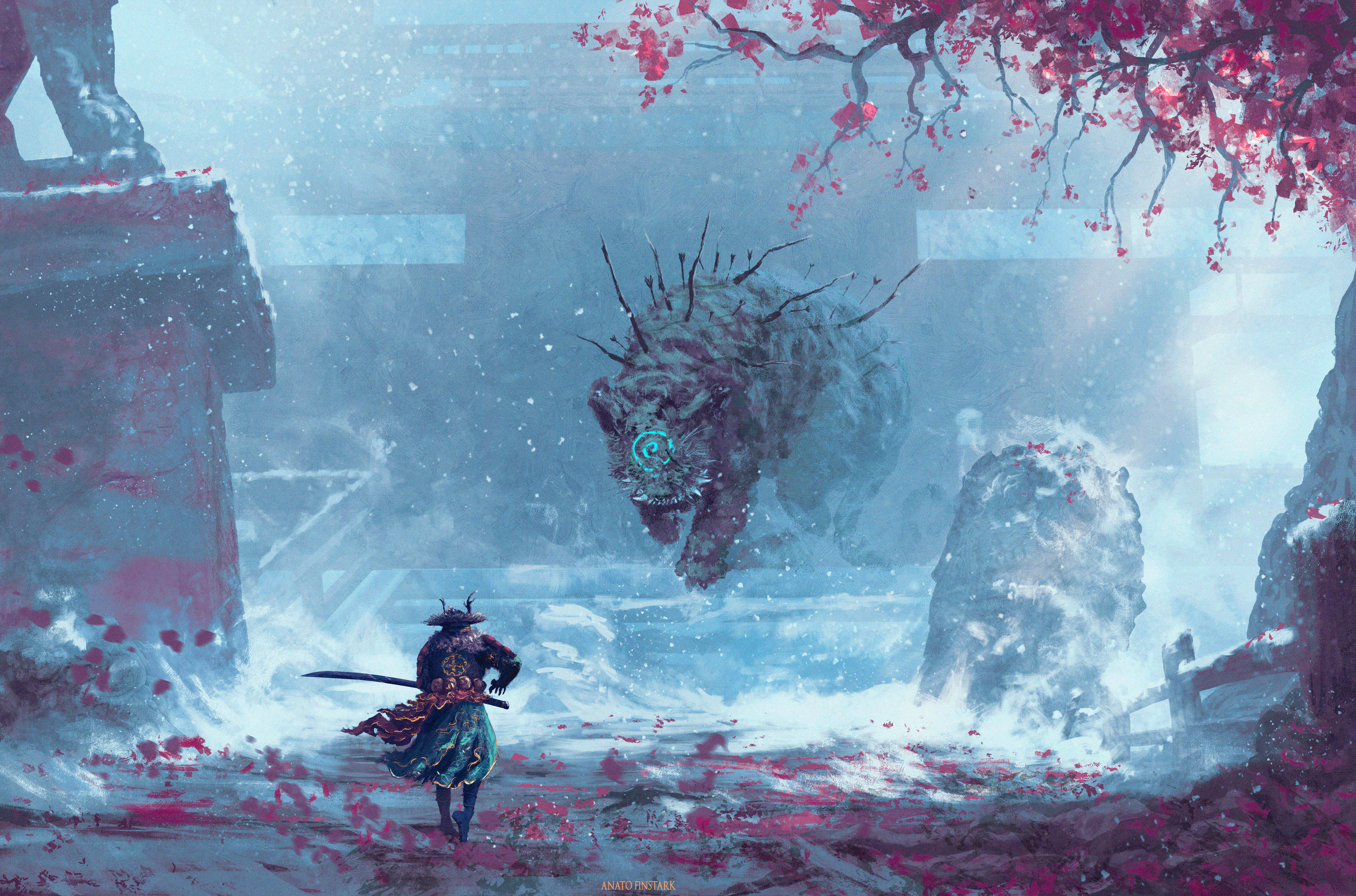 Samurai warrior facing a mythical tiger creature in a snowy landscape HD Wallpaper