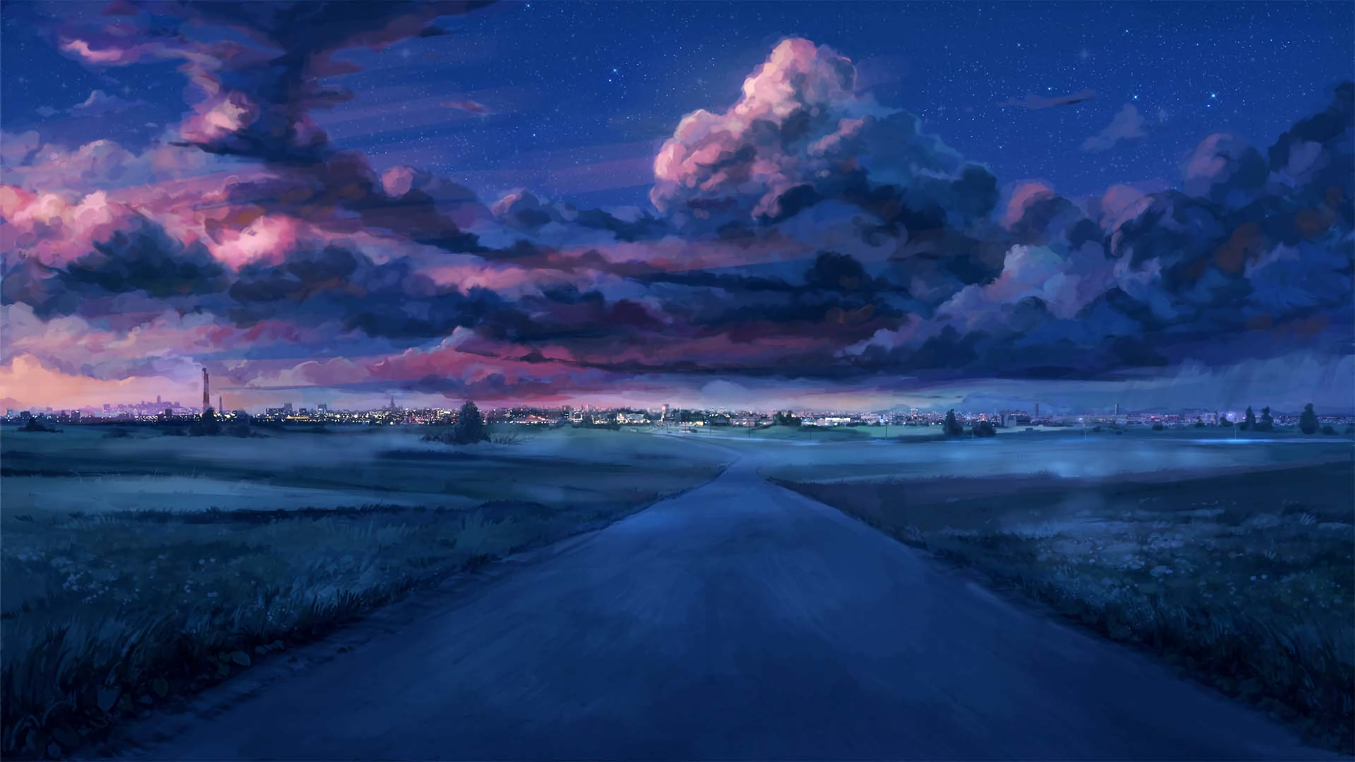 Anime landscape with a road leading to a city at dusk HD Wallpaper