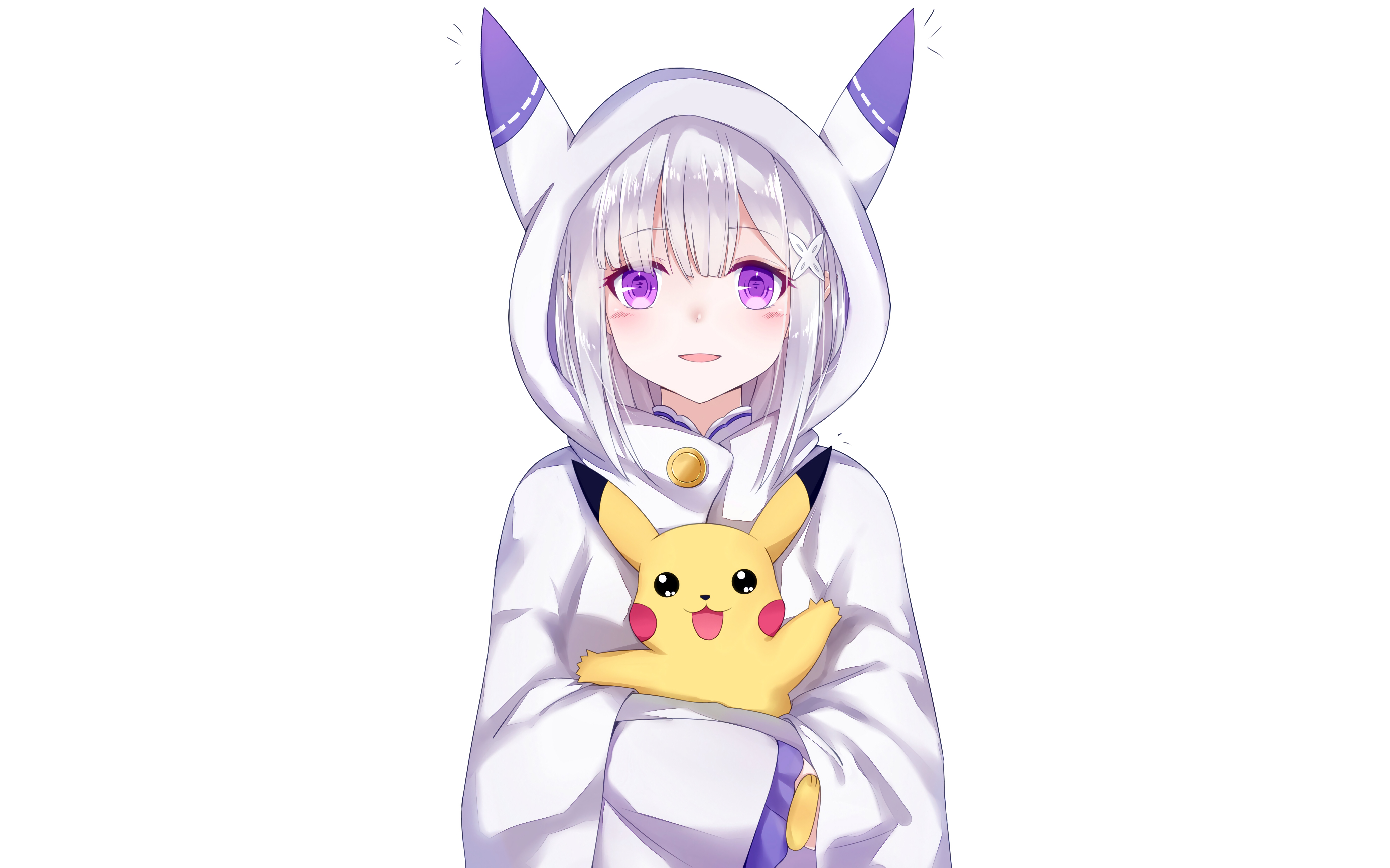 Emilia from Re:ZERO holding Pikachu HD Wallpaper