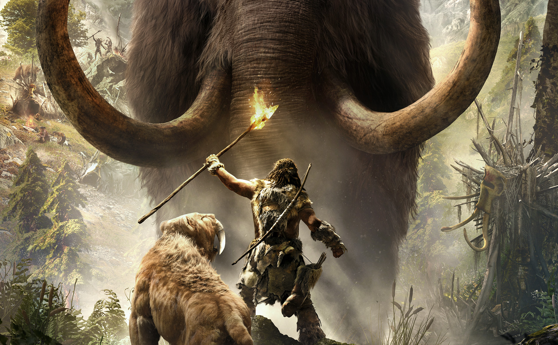 Far Cry Primal: Caveman fights mammoth with saber-toothed cat HD Wallpaper