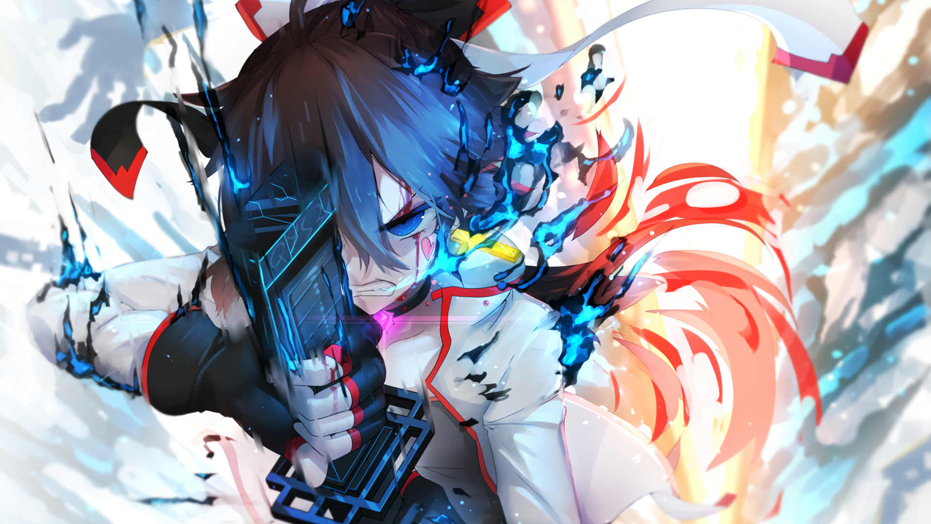 Character with blue energy and sword HD Wallpaper