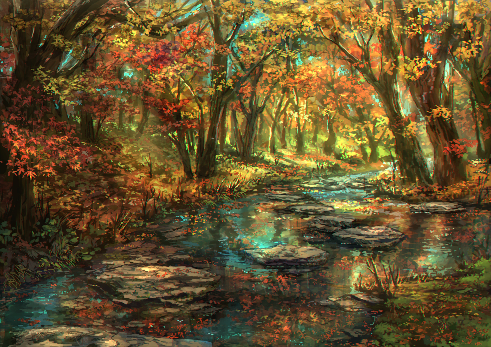 Autumn forest with a stream and stepping stones HD Wallpaper