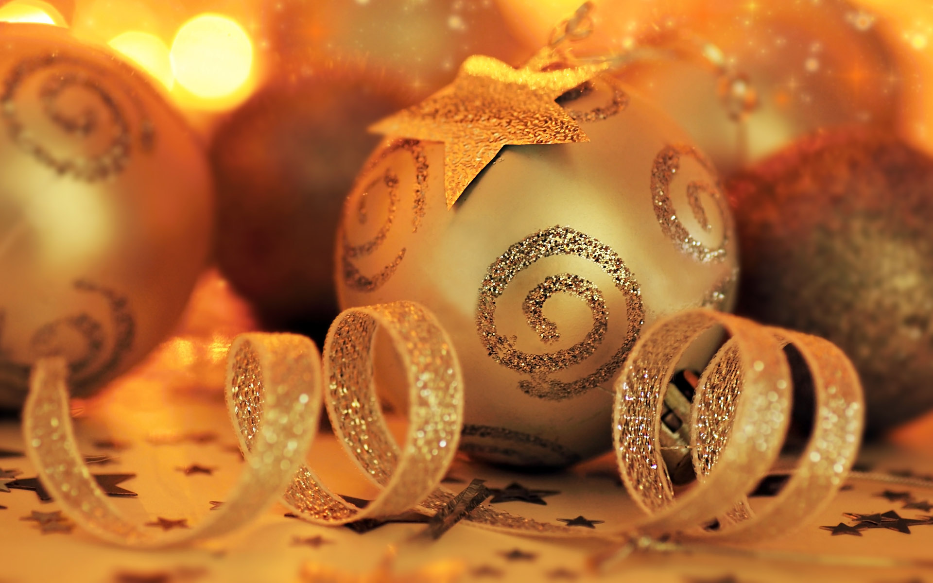 Golden Christmas Ornaments with Glittering Ribbons HD Wallpaper