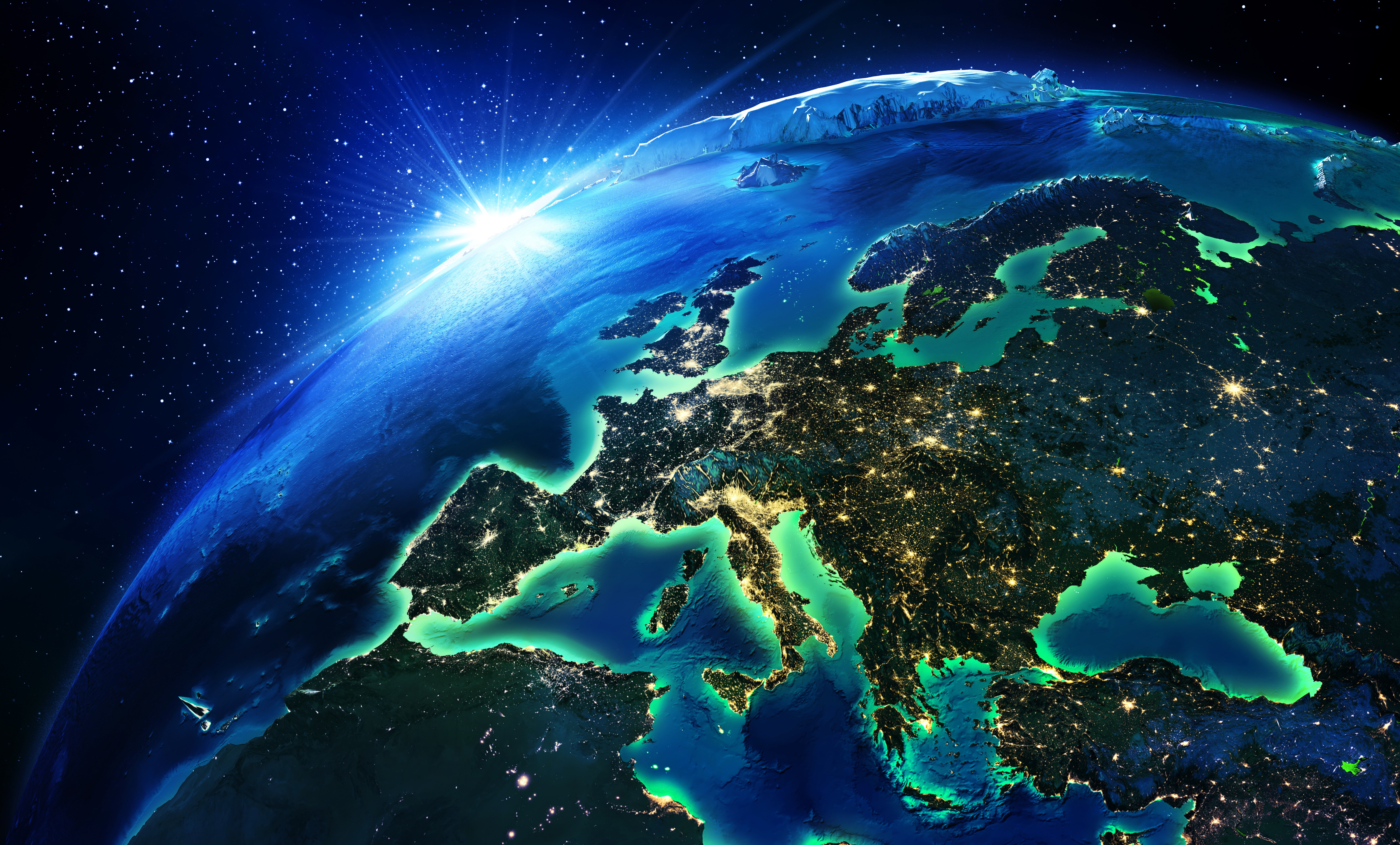 Earth from space with sun rising over Europe HD Wallpaper
