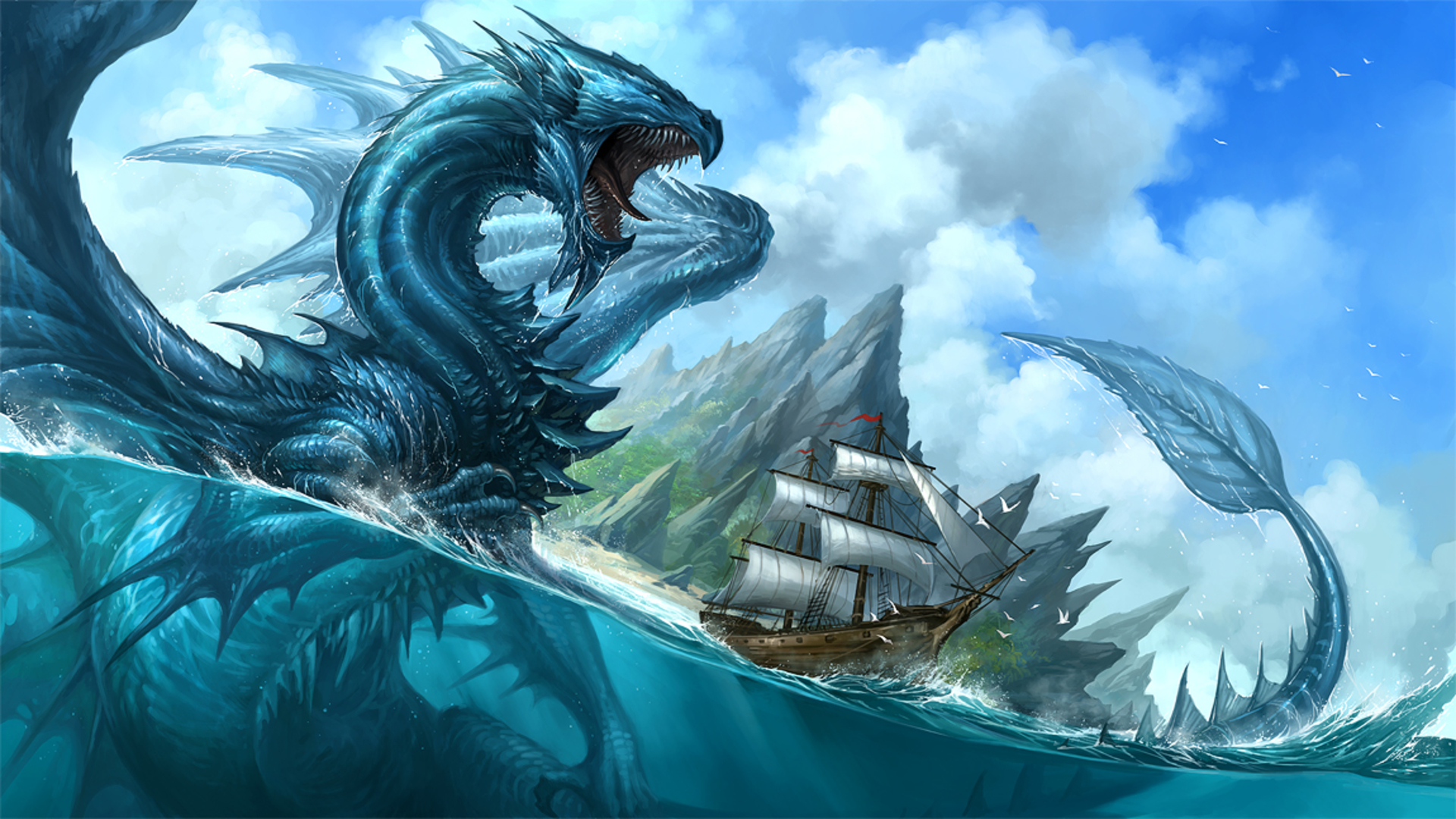 Giant blue sea dragon attacking a sailing ship near islands HD Wallpaper