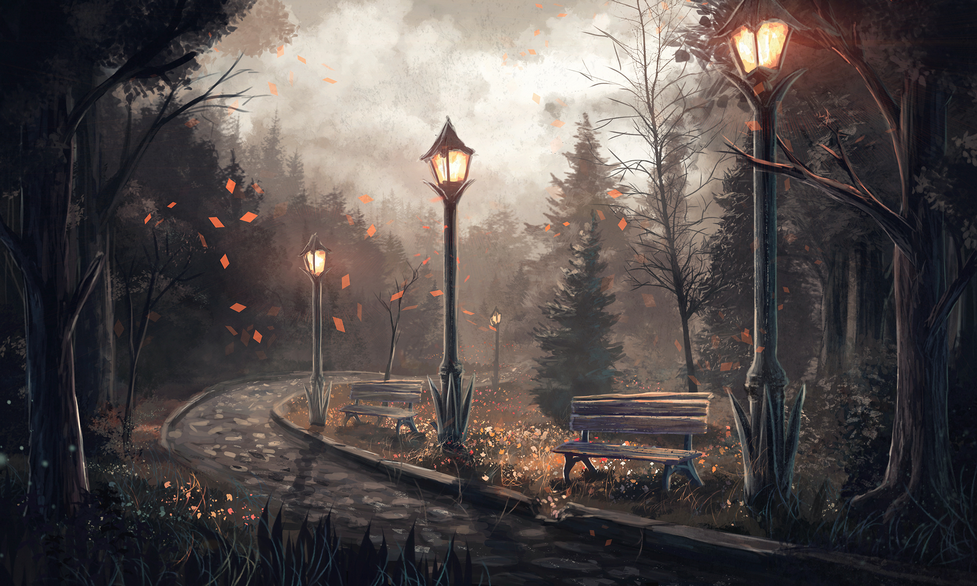 Autumn park path with street lamps and benches HD Wallpaper