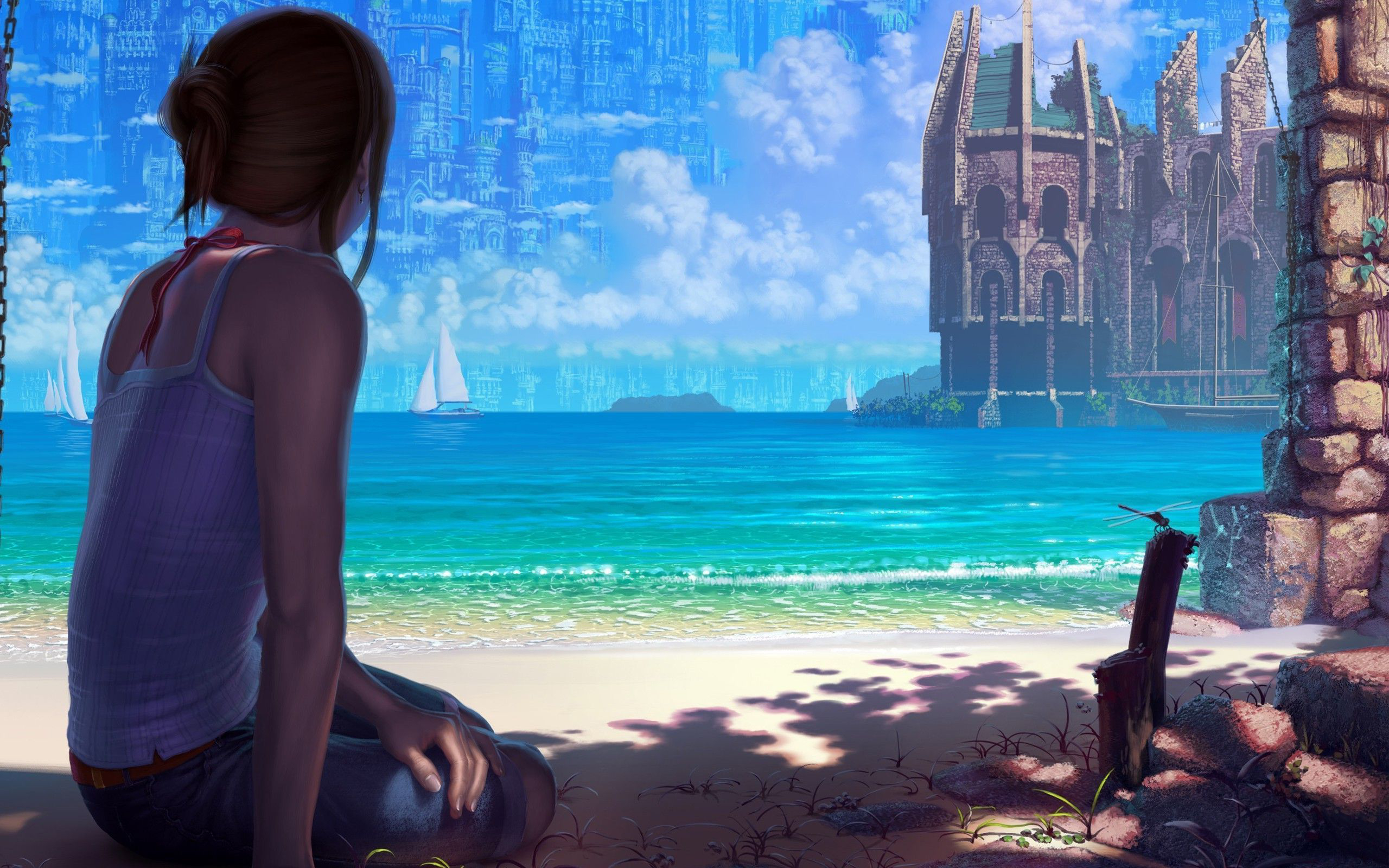 Girl sitting on a beach looking at a fantasy city HD Wallpaper
