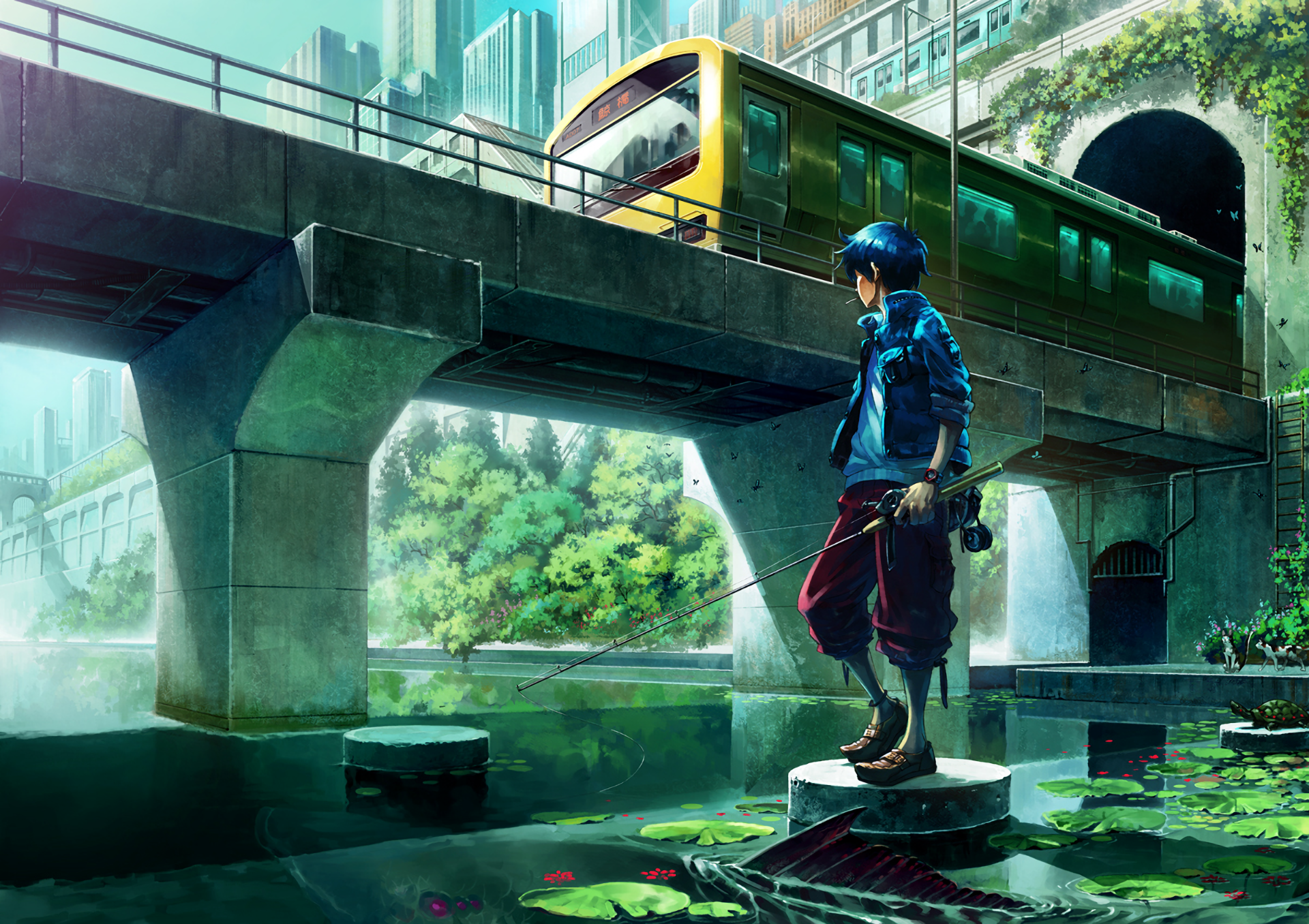 Anime boy fishing under a train bridge in a city HD Wallpaper
