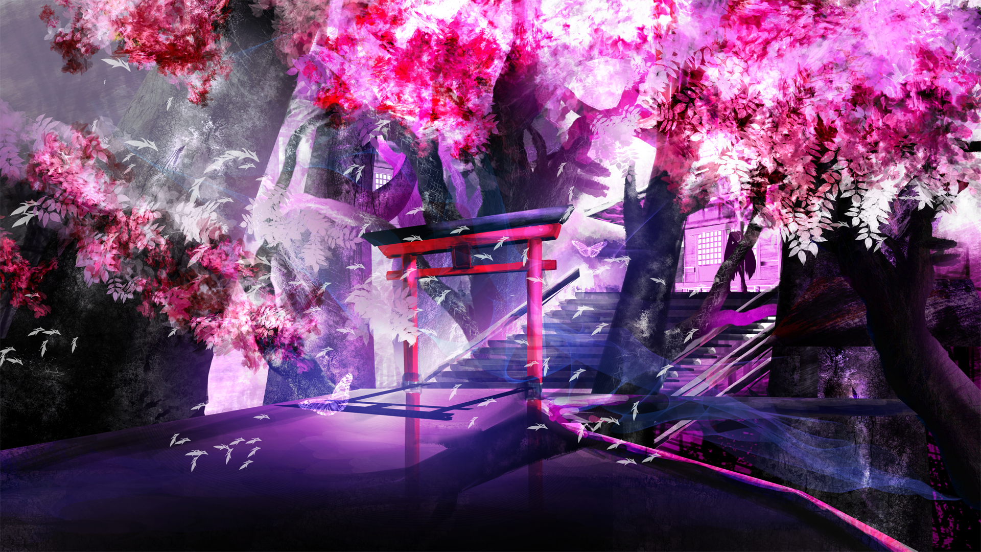 Hatsune Miku in a surreal cherry blossom forest HD Wallpaper