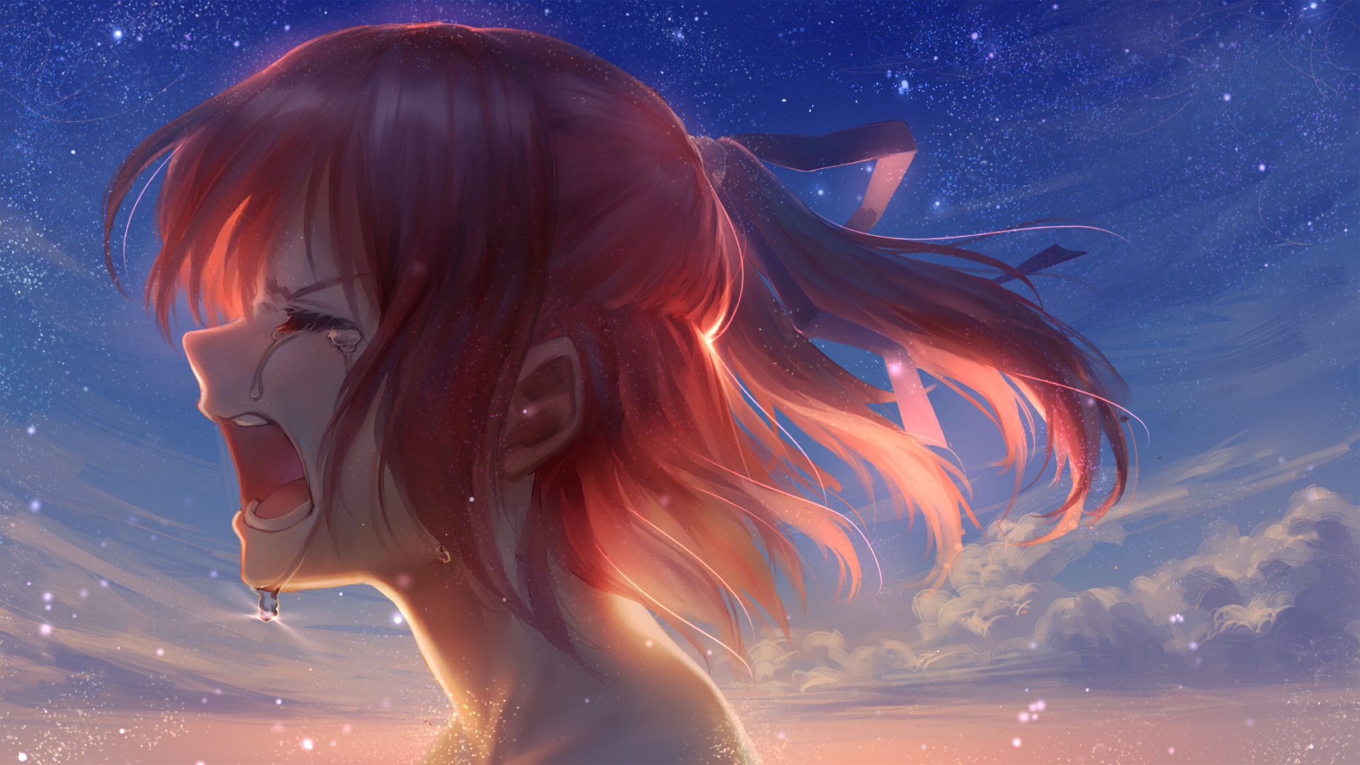 Emotional Anime Girl Crying at Sunset HD Wallpaper