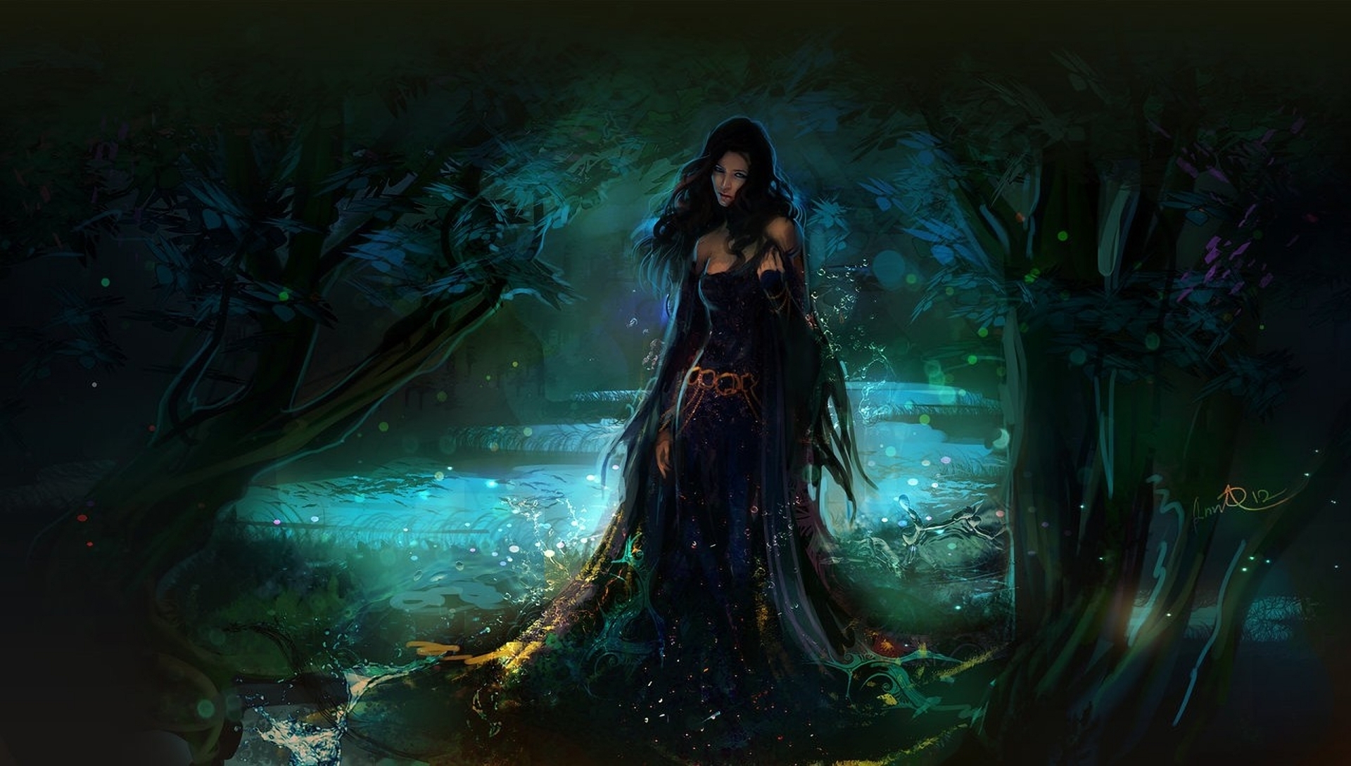 Fantasy woman in a dark forest by a glowing stream HD Wallpaper