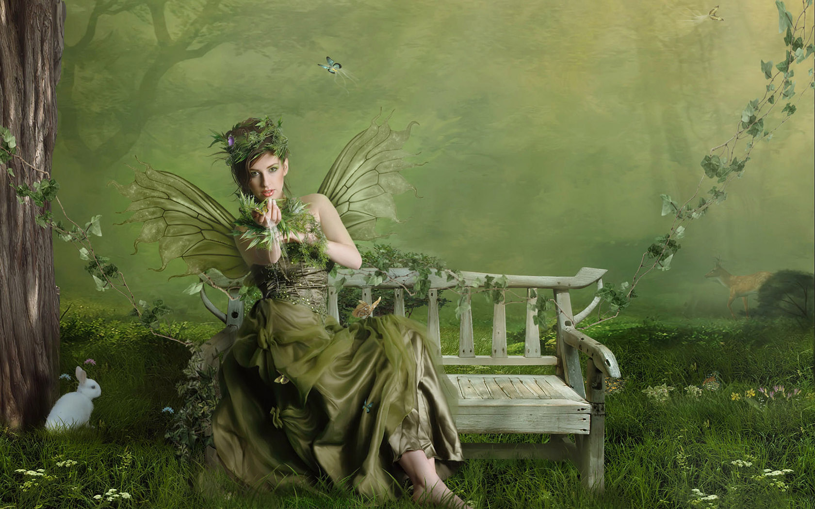 Green Fairy Sitting on a Bench in a Forest HD Wallpaper