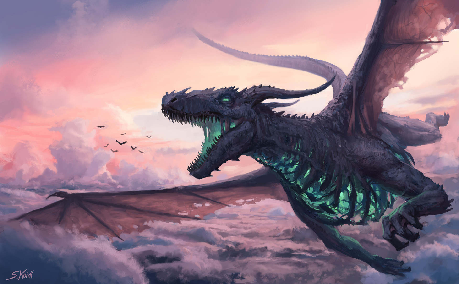 A dark dragon with glowing green insides flies through a cloudy sky at sunset. HD Wallpaper