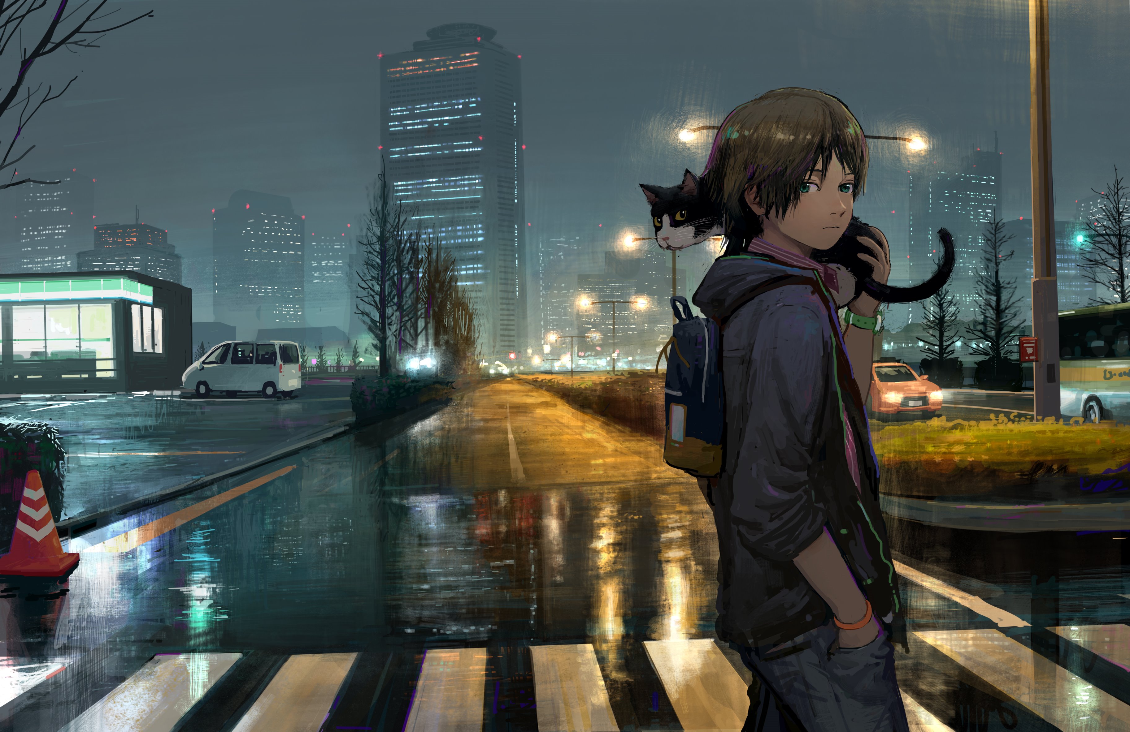 Boy with cat on shoulder in rainy city at night HD Wallpaper