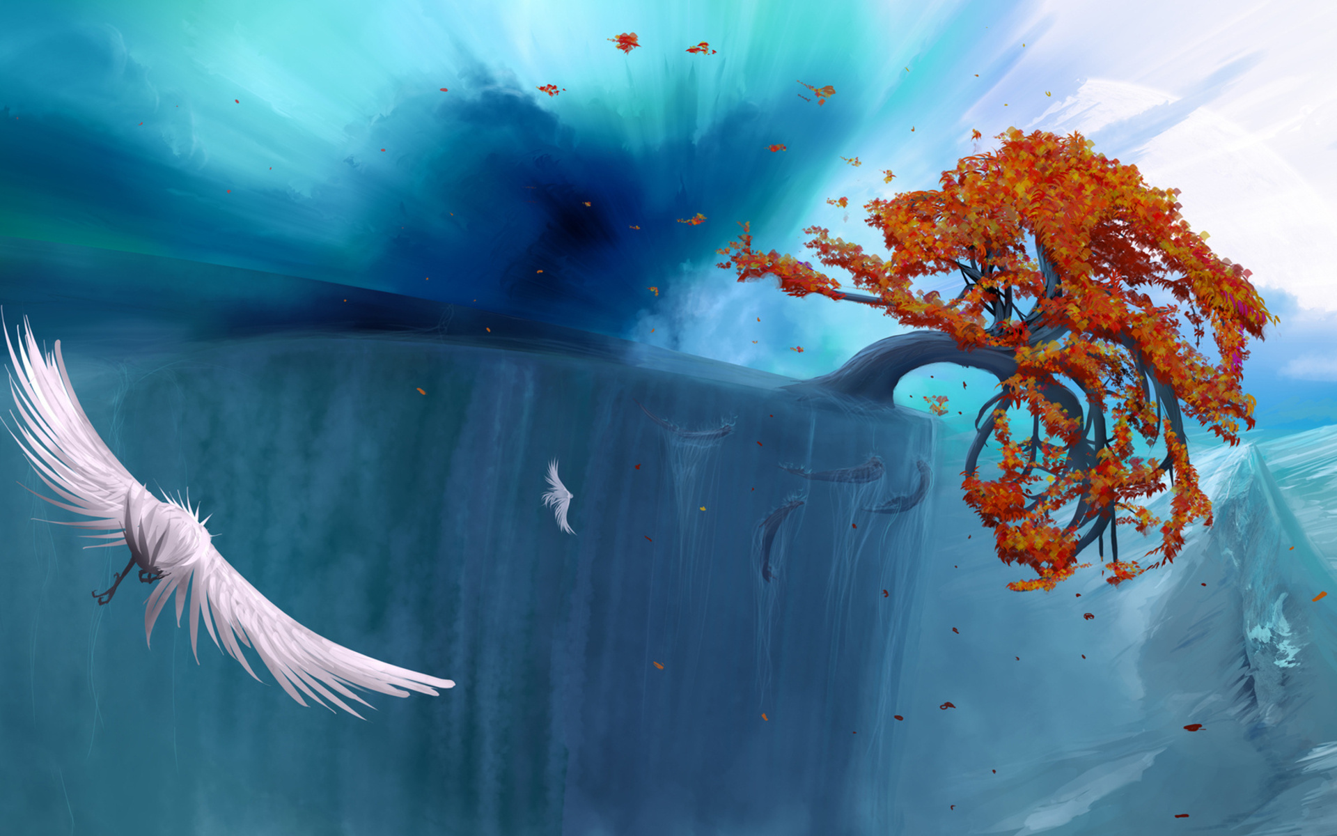 Fantasy painting of a white bird flying near a cliff with a tree HD Wallpaper