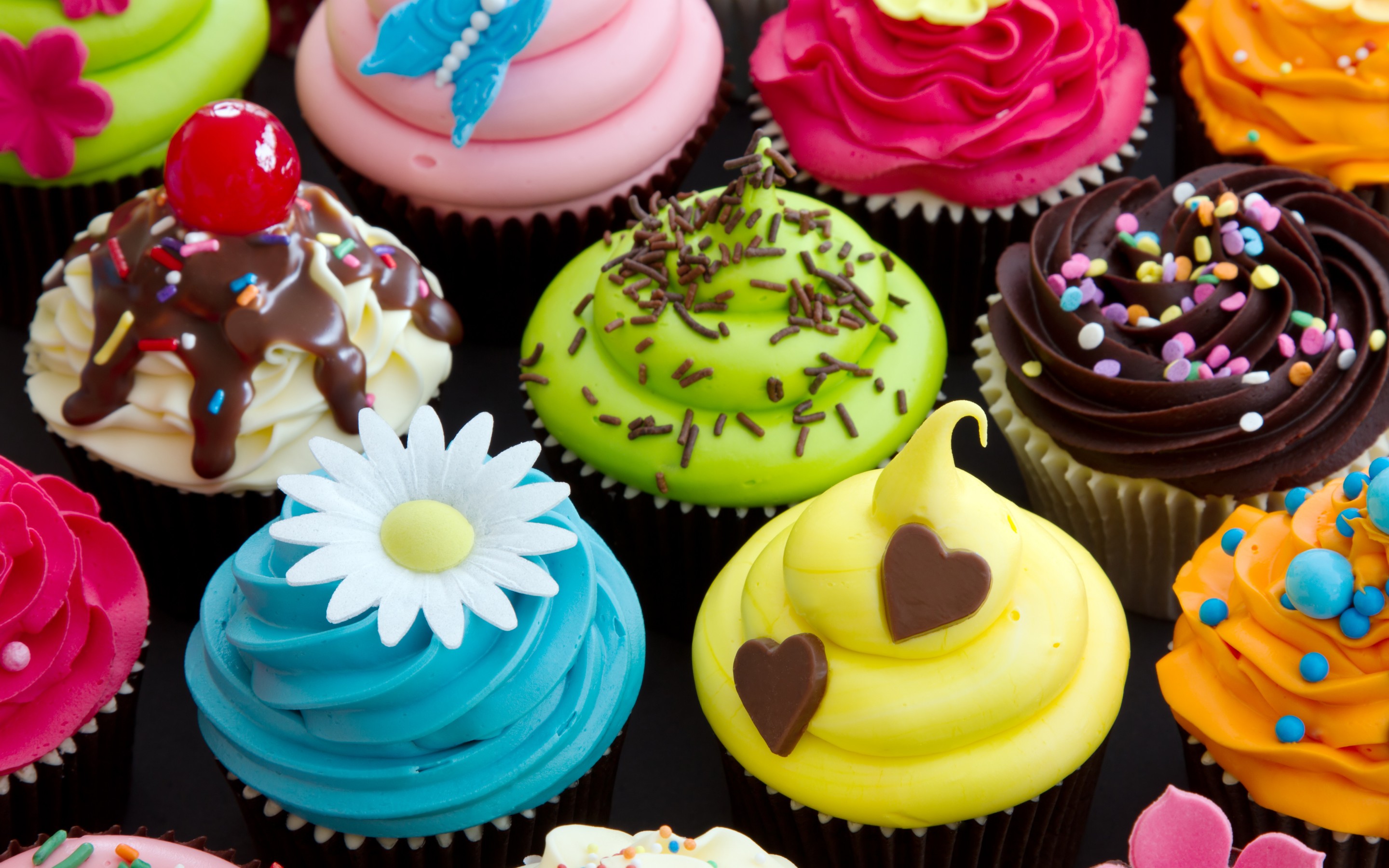 Assortment of colorful cupcakes with various toppings HD Wallpaper