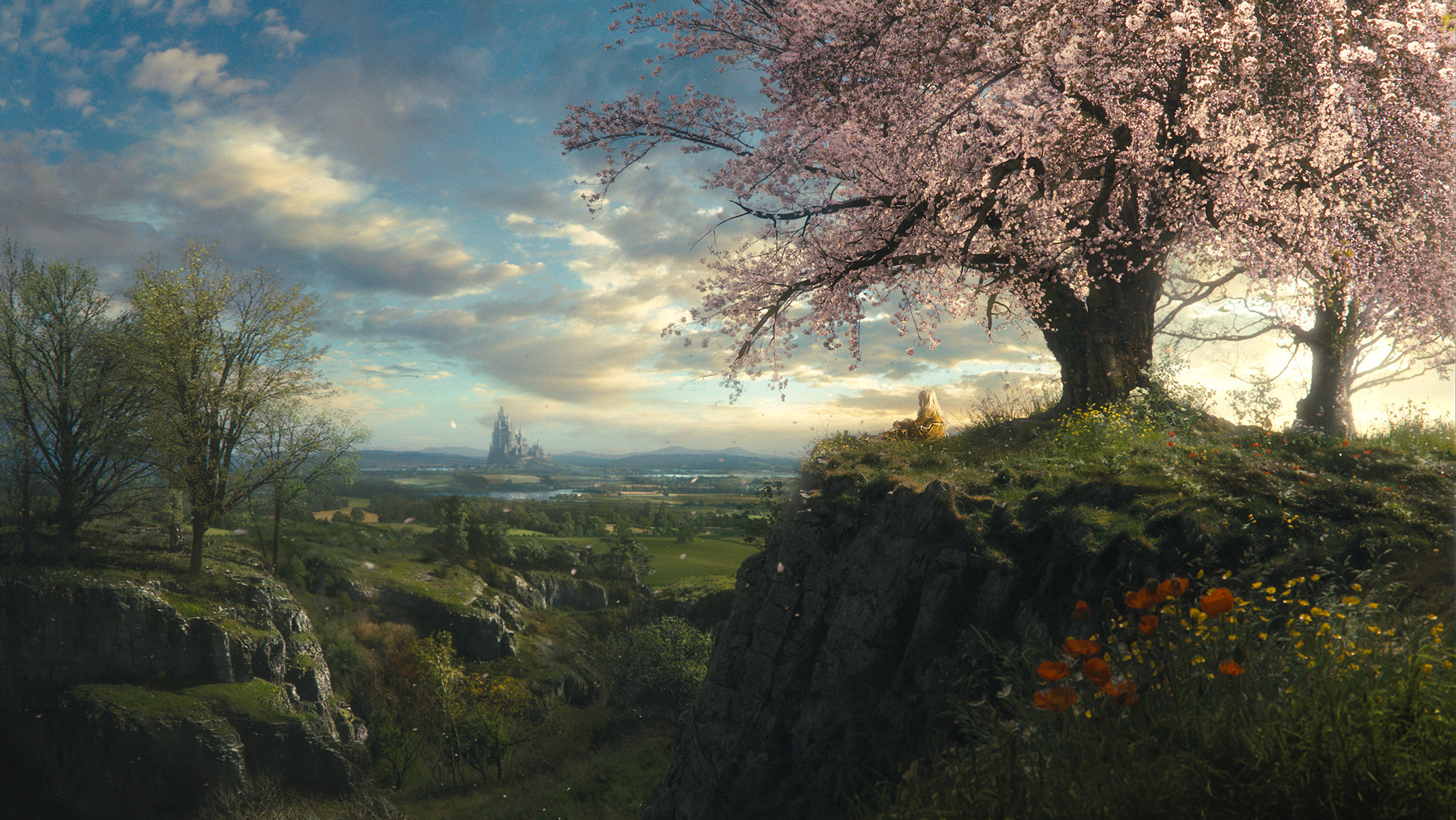 Girl sitting under a blooming tree overlooking a fantasy landscape HD Wallpaper