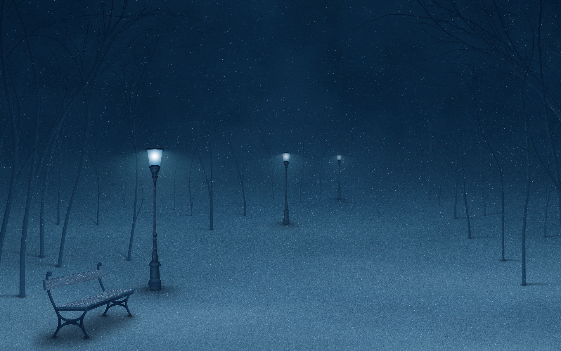 Winter park with street lamps and bench HD Wallpaper