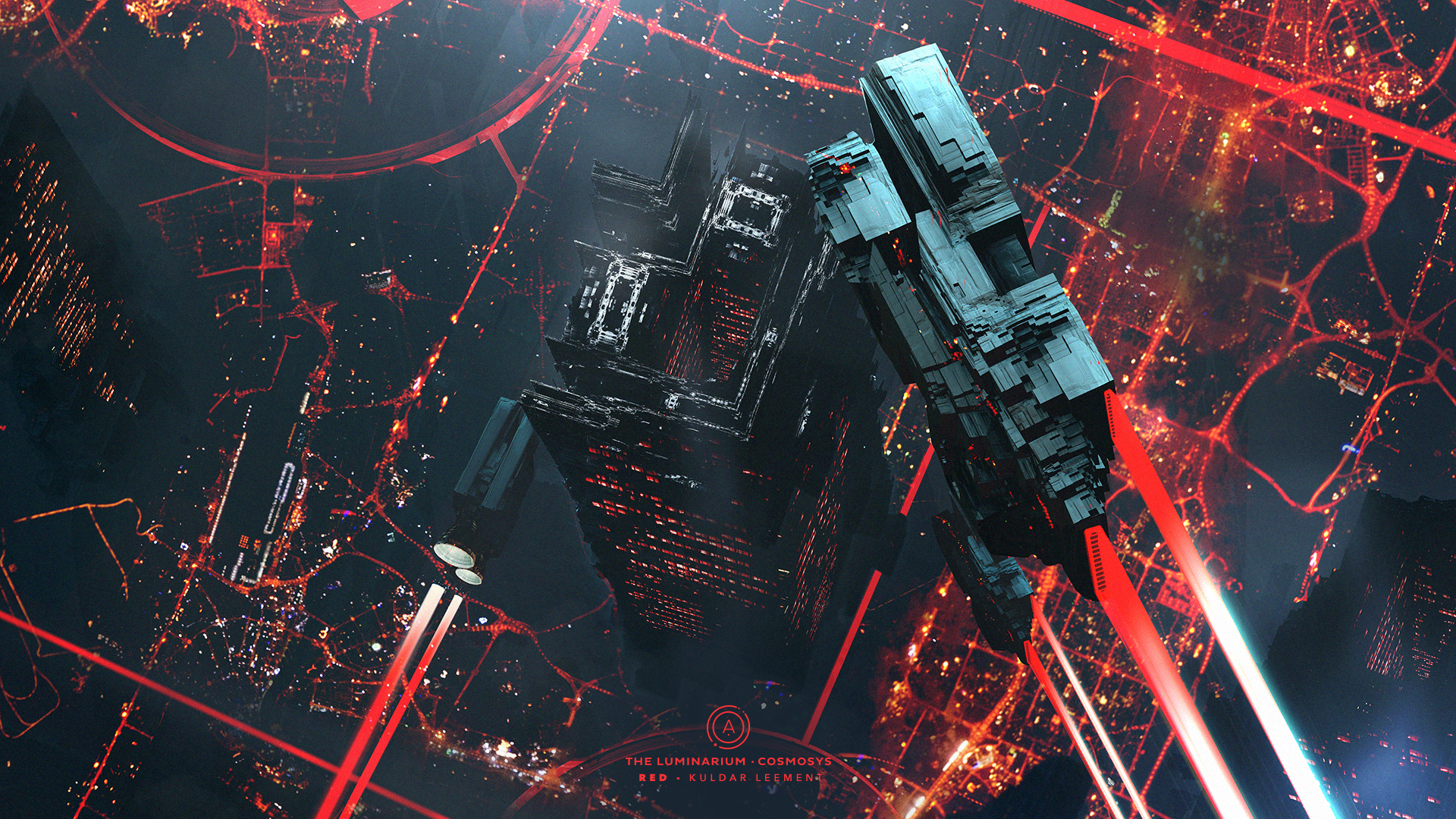 Futuristic city with flying vehicle and red lights HD Wallpaper