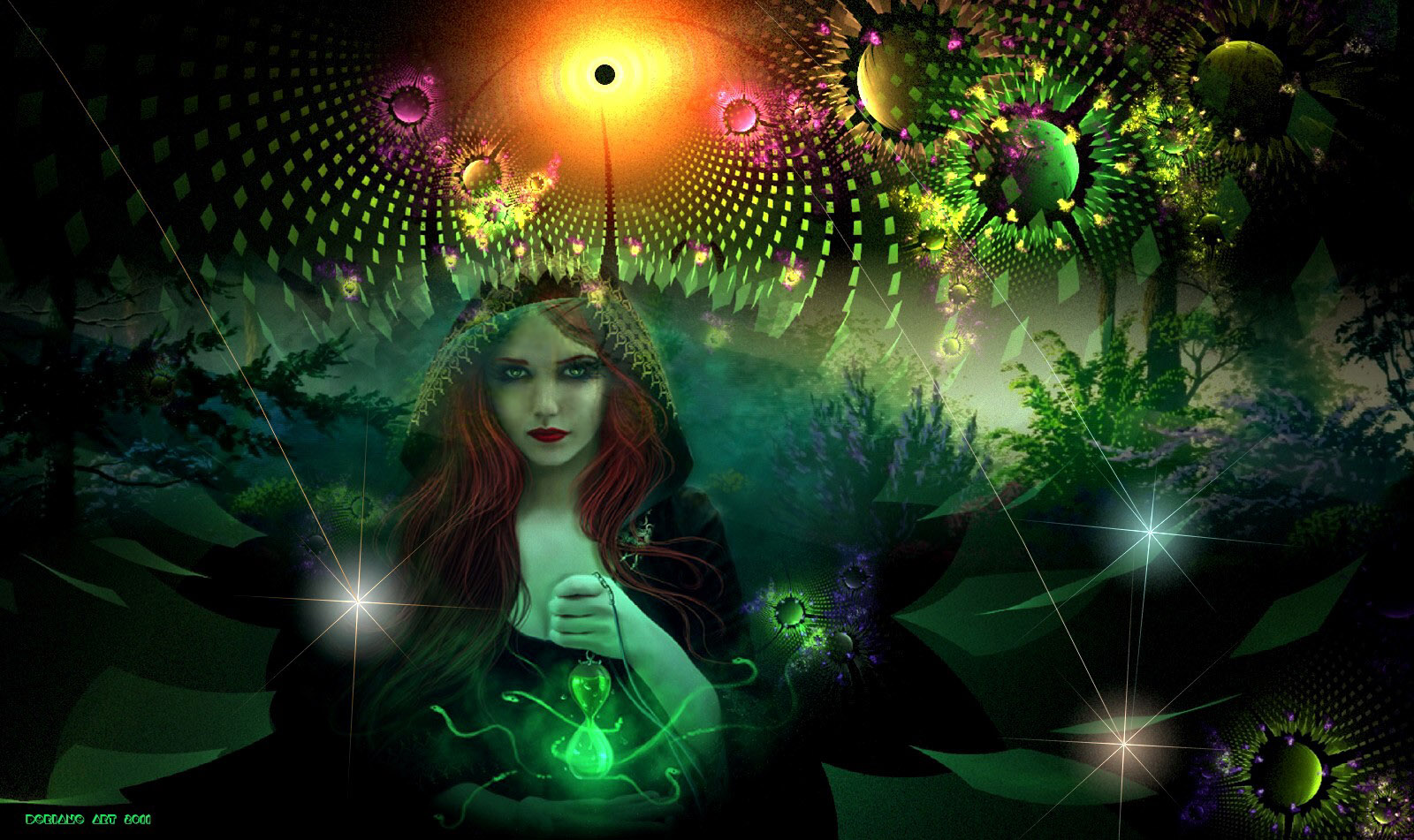 Woman with red hair in a magic forest HD Wallpaper