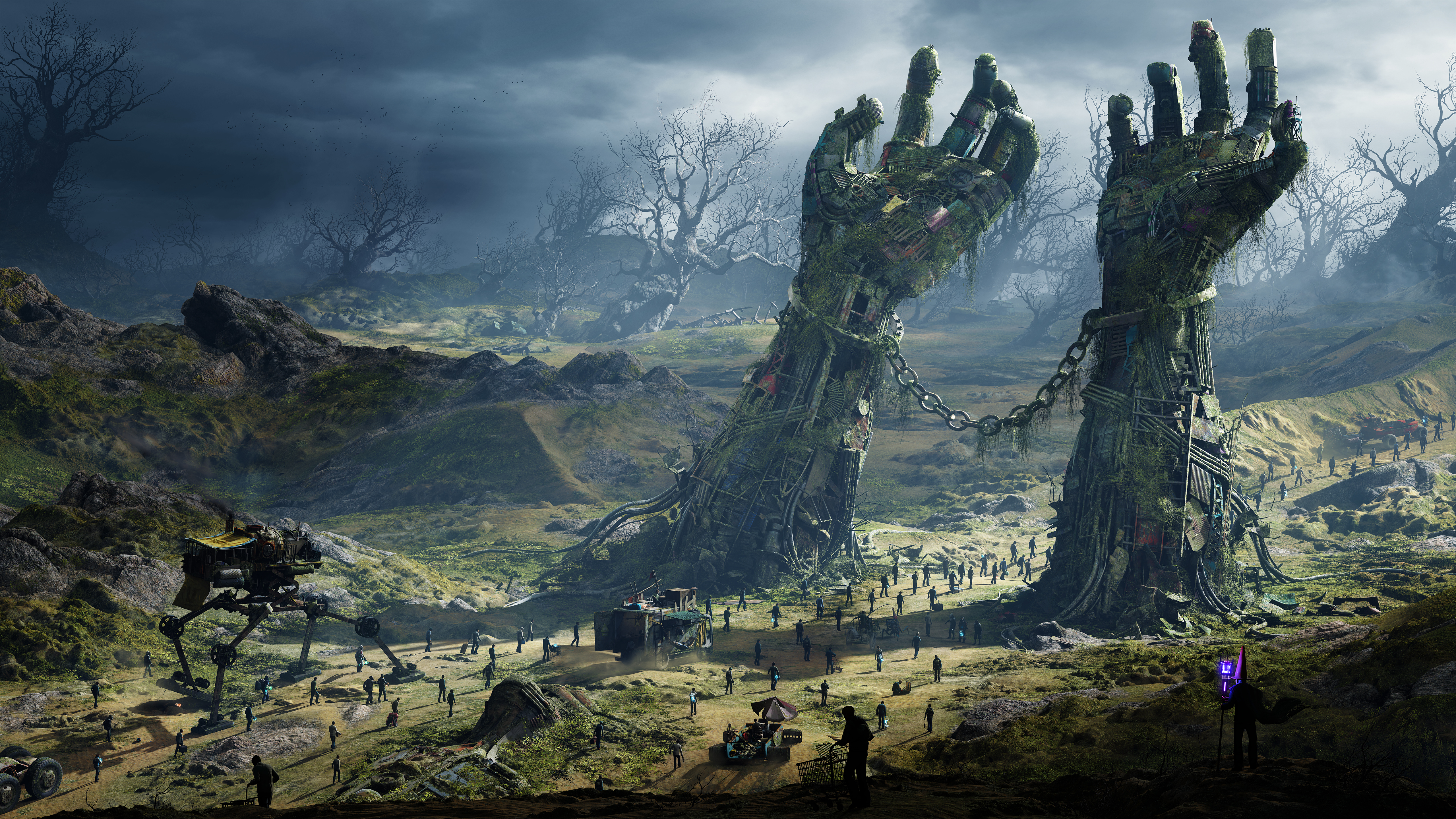 Giant stone hands in a desolate fantasy landscape HD Wallpaper