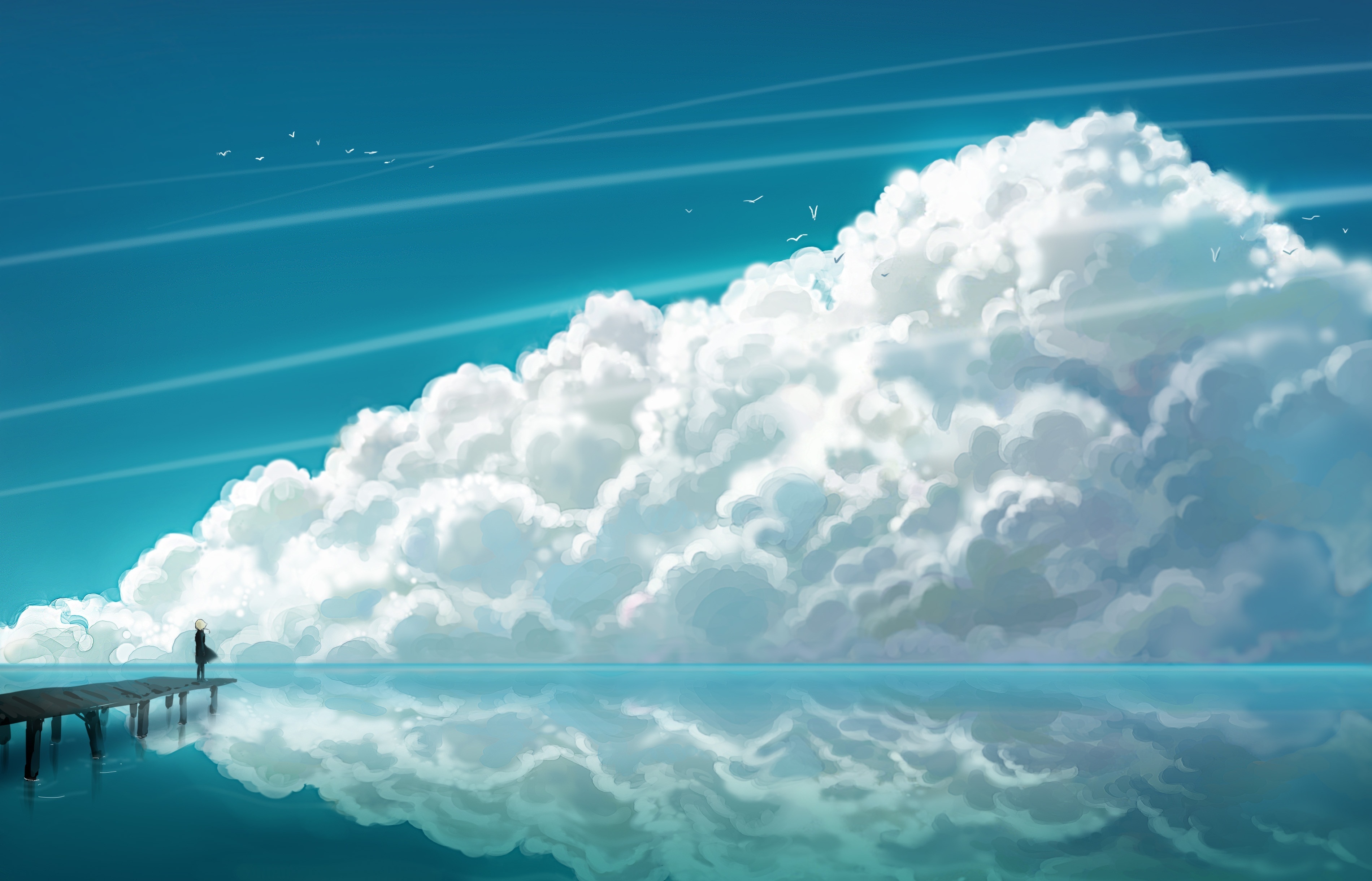 Anime girl on a pier with clouds and ocean reflection HD Wallpaper