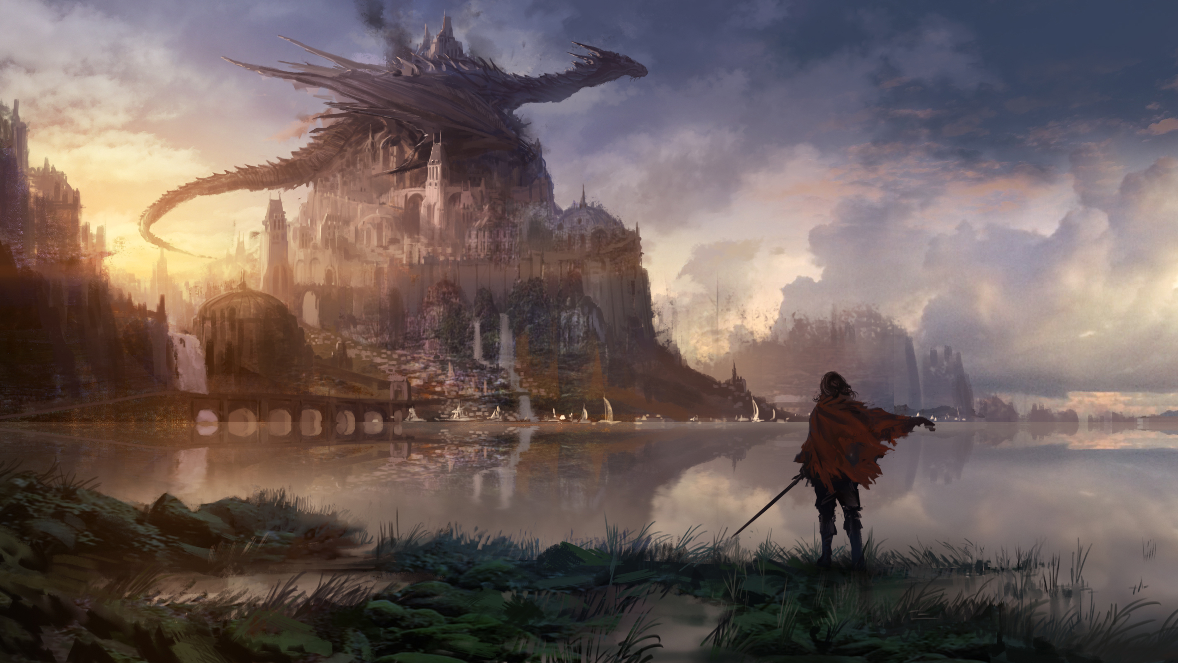 Dragon perched on a fantasy city with a knight overlooking. HD Wallpaper
