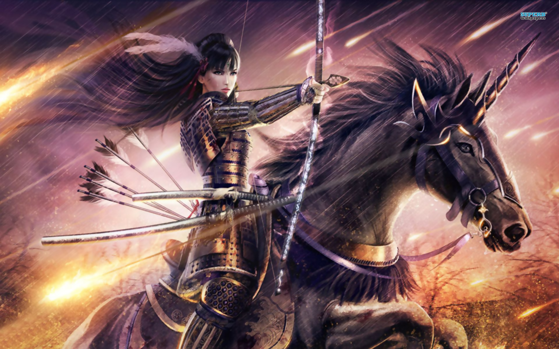 Samurai woman warrior on a unicorn with a bow HD Wallpaper
