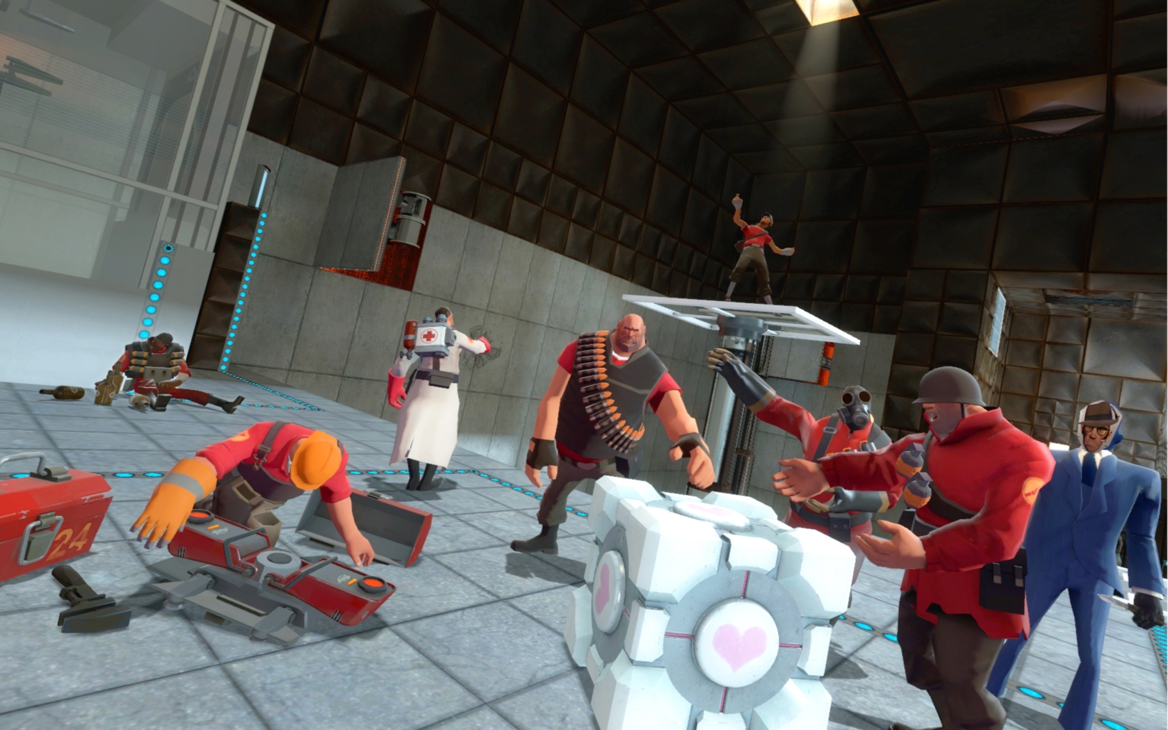 Team Fortress 2 characters and Portal Companion Cube HD Wallpaper