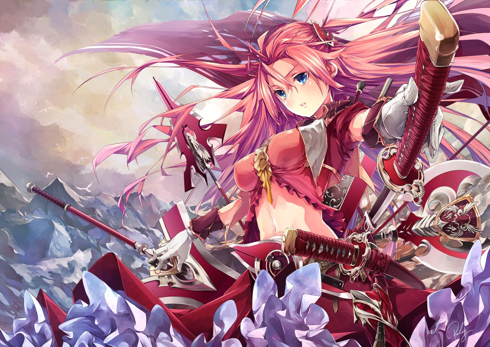 Anime girl with pink hair holding swords and lance HD Wallpaper