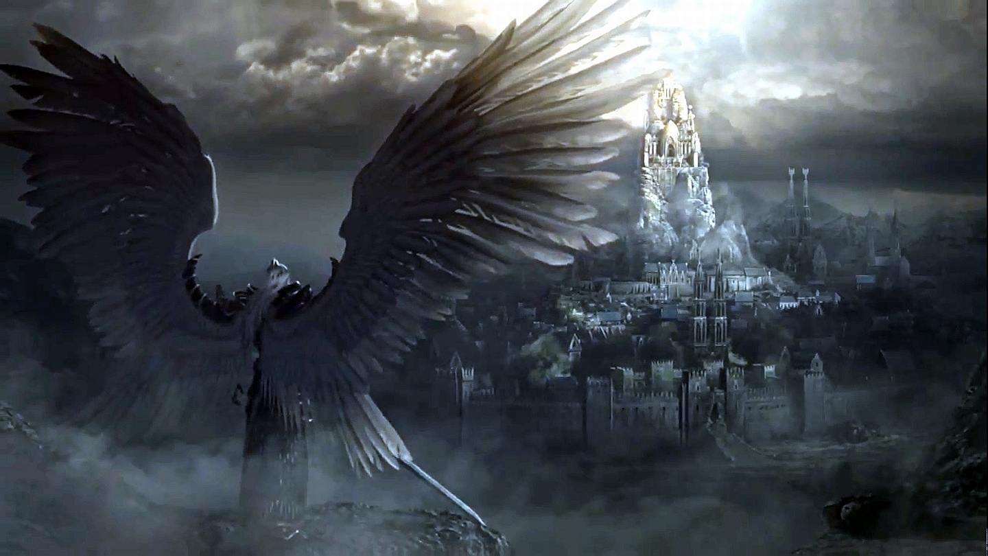 Winged creature overlooking a fantasy city HD Wallpaper