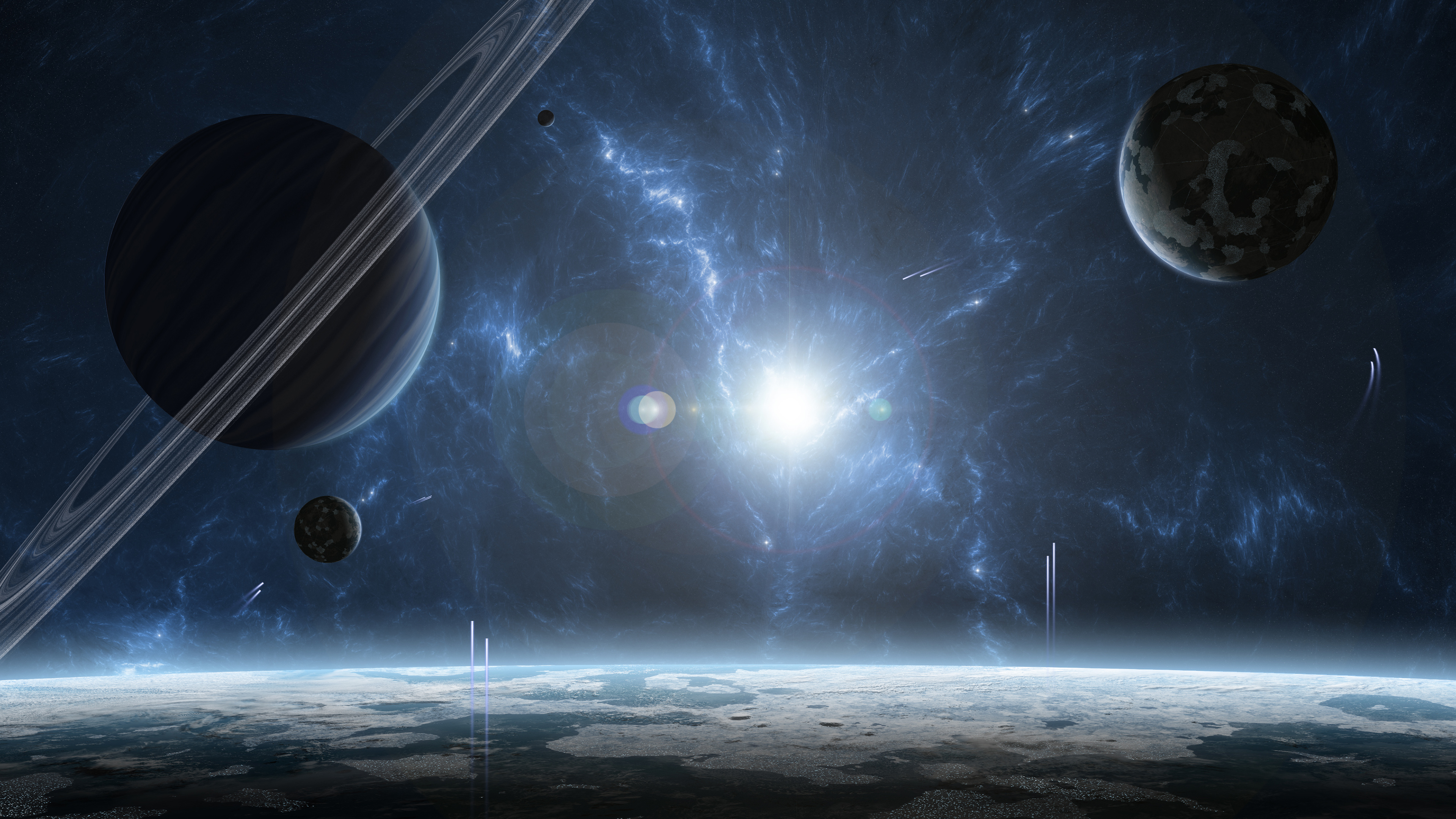 Saturn and planets in deep space with nebula HD Wallpaper