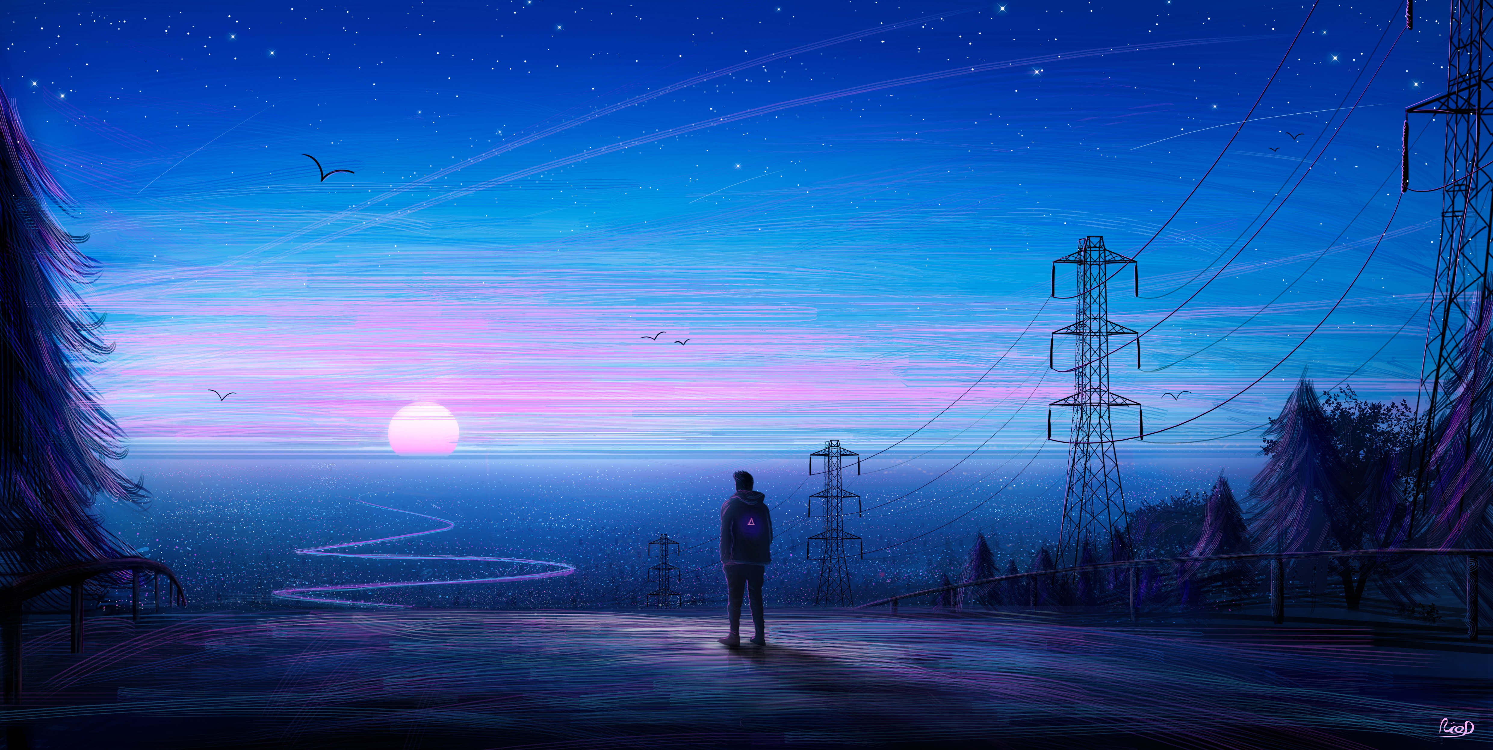 Man watching a surreal sunset with power lines HD Wallpaper