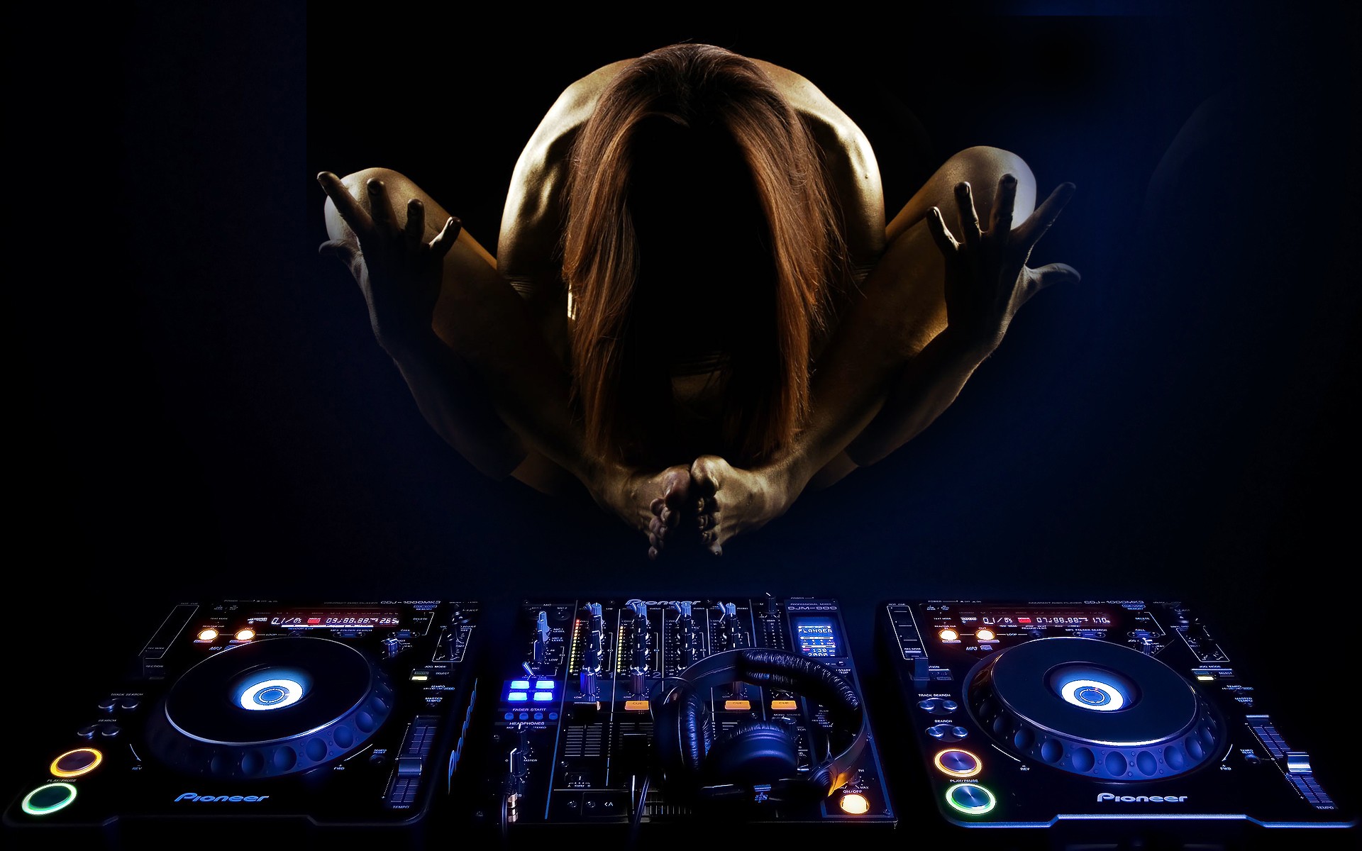 DJ setup with a person in yoga pose HD Wallpaper