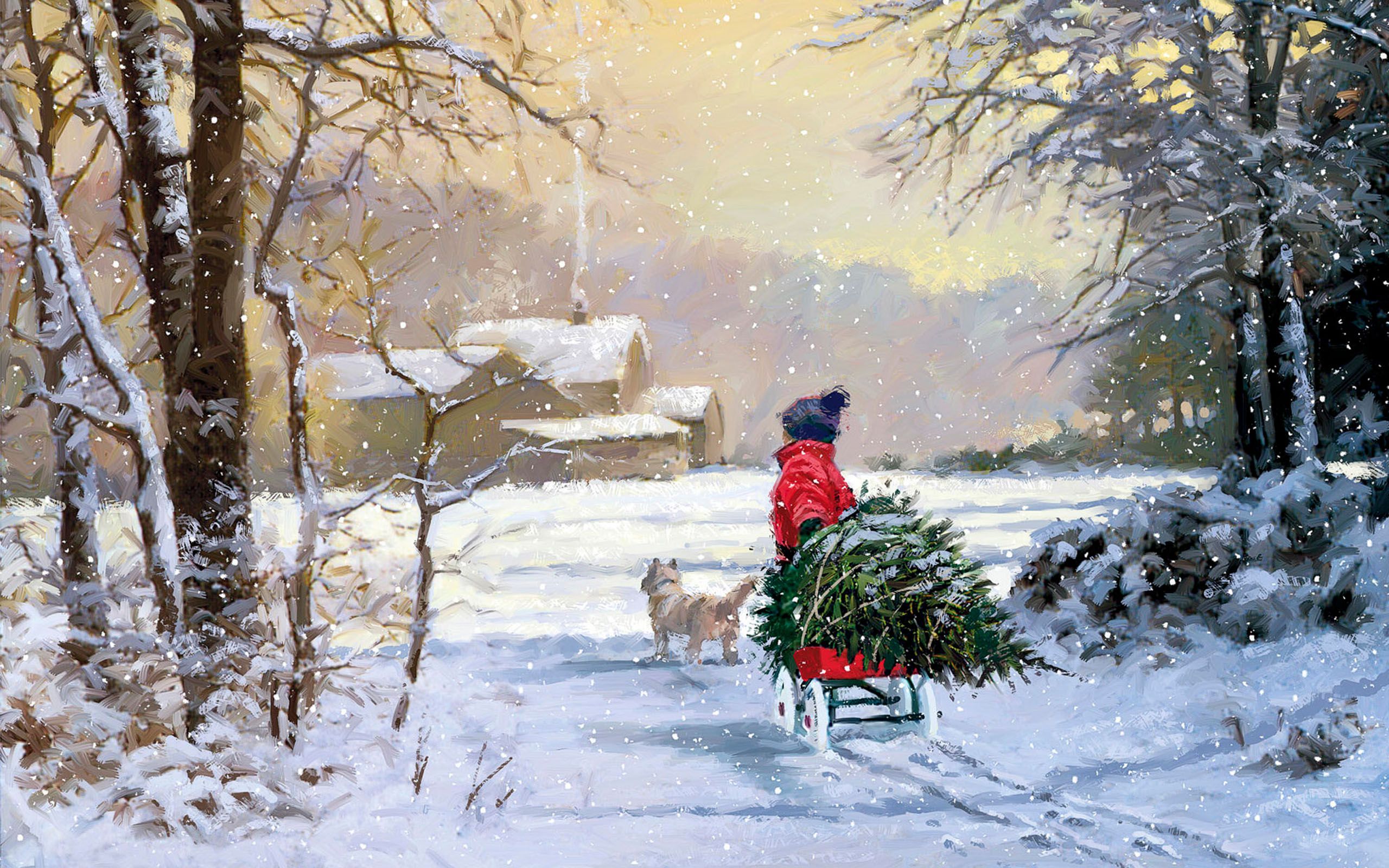 Child pulling Christmas tree with dog in snow HD Wallpaper