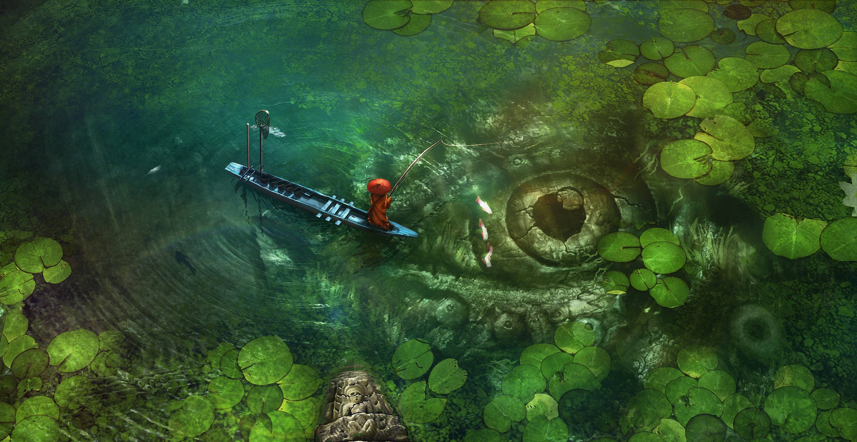 Mysterious Giant Eye in a Swamp with a Fisherman HD Wallpaper