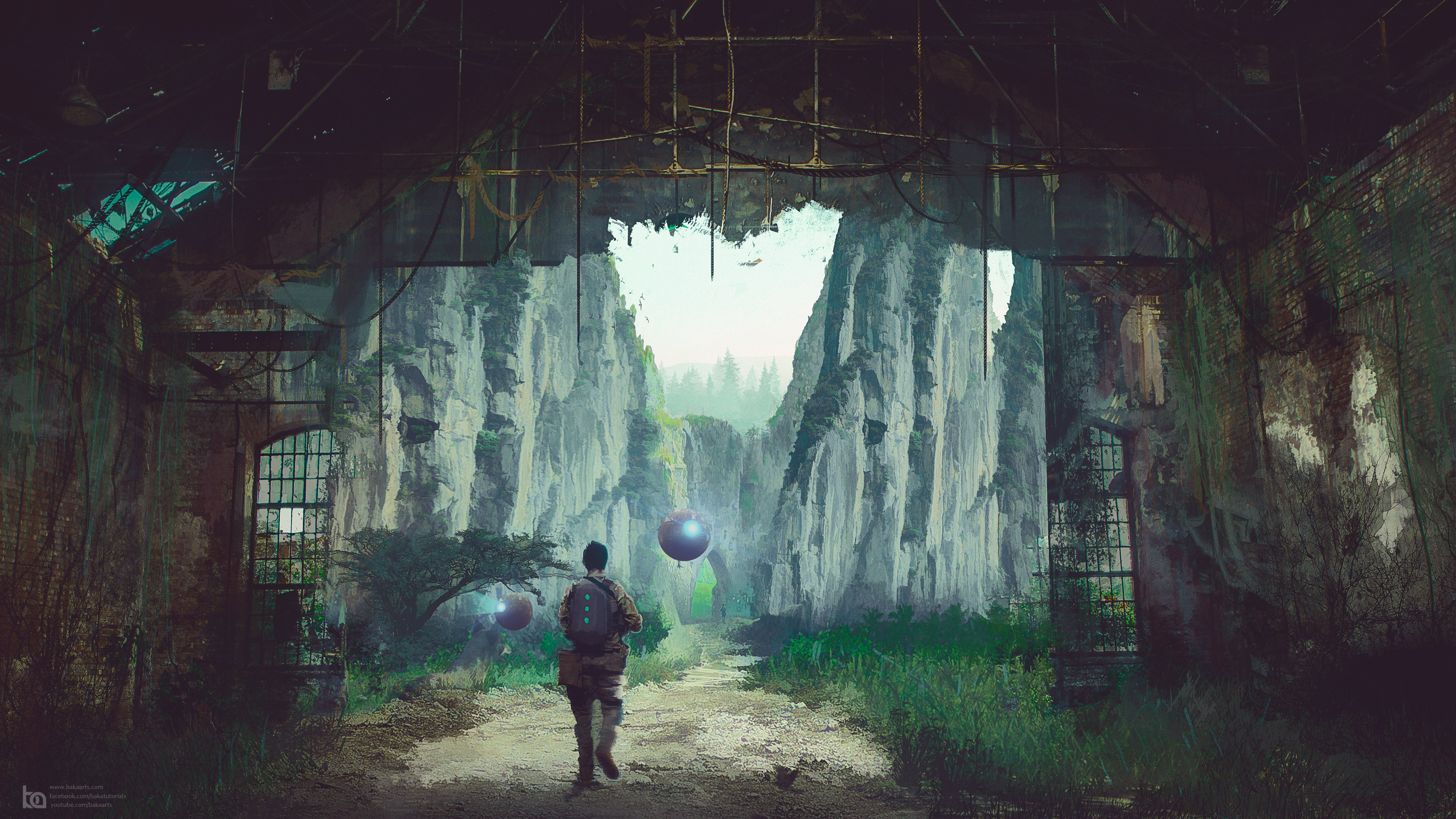 Man walks through abandoned building towards rocky canyon HD Wallpaper
