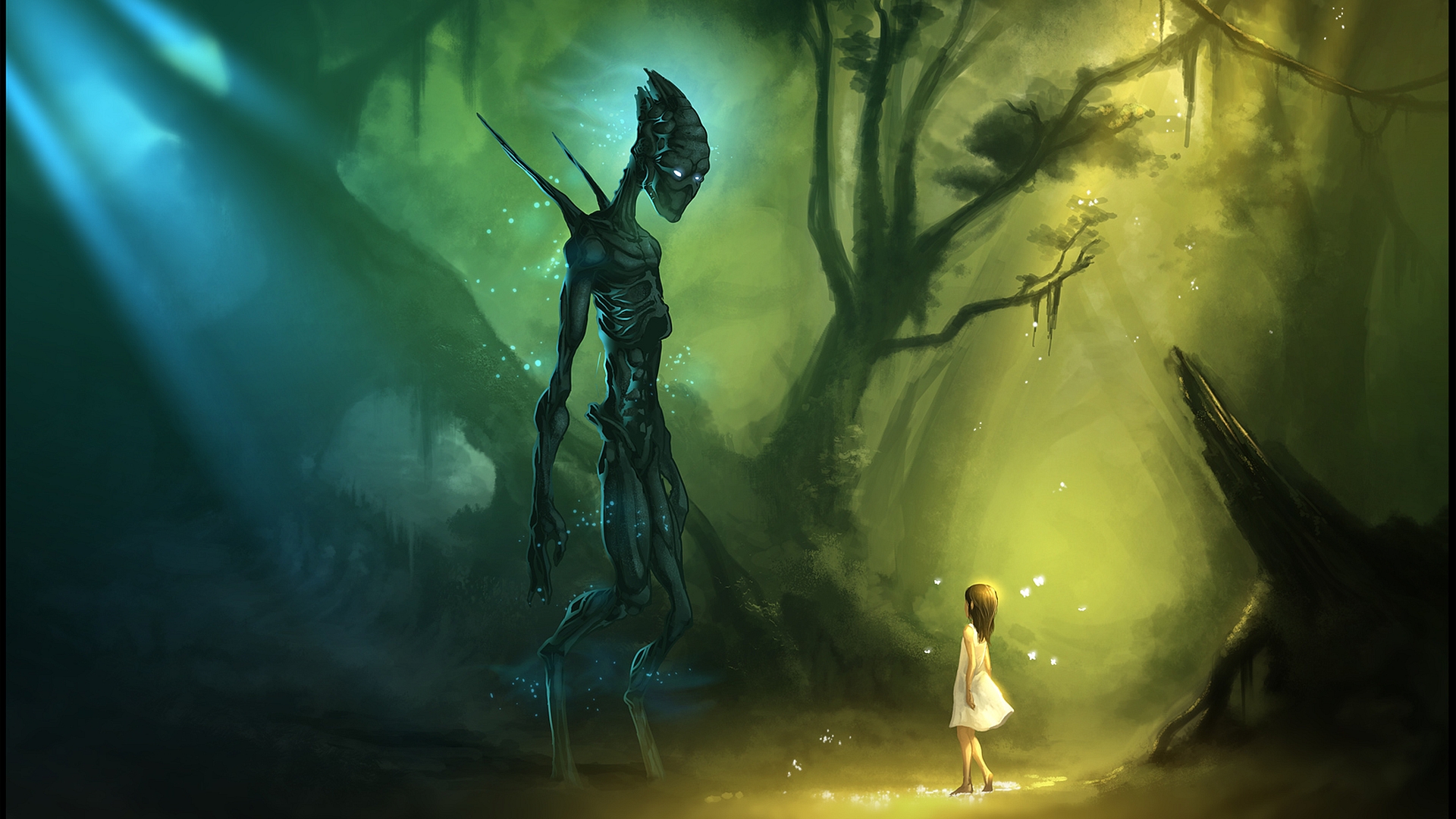 Alien and girl in a mystical forest HD Wallpaper