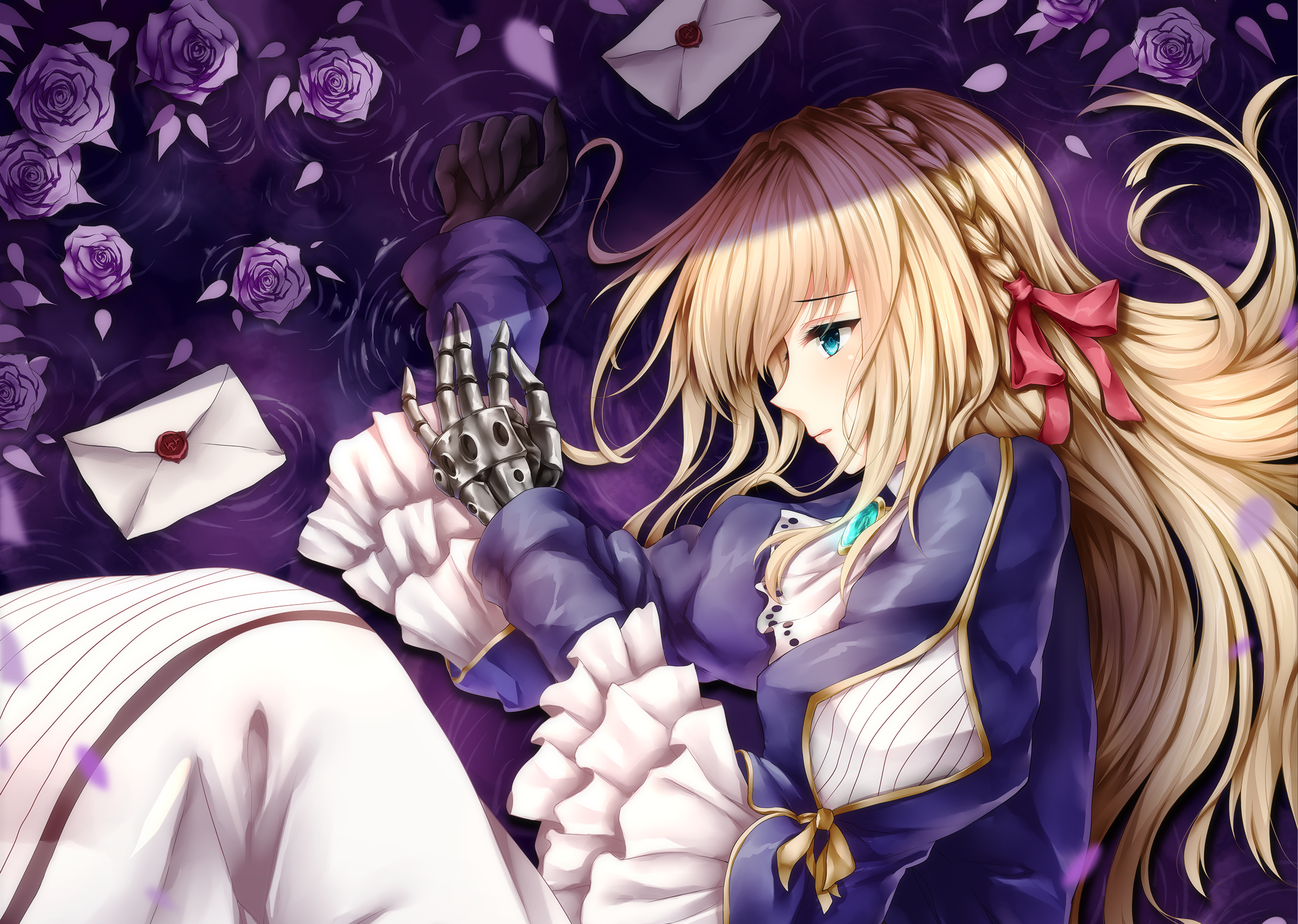 Violet Evergarden with mechanical arm and roses HD Wallpaper