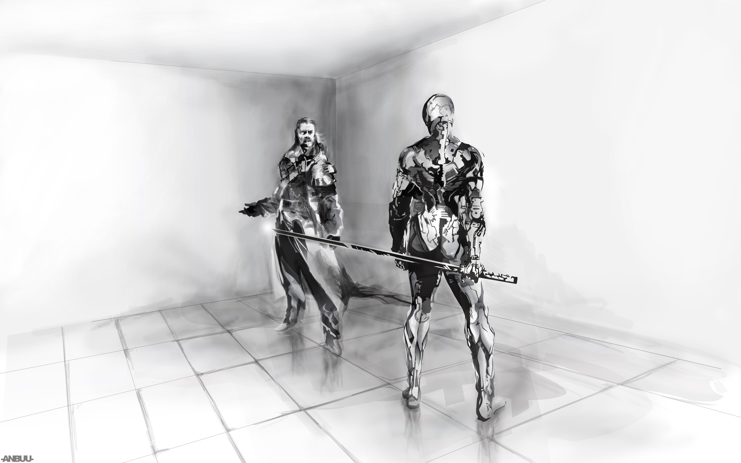 Two figures in a white room, one with a sword HD Wallpaper