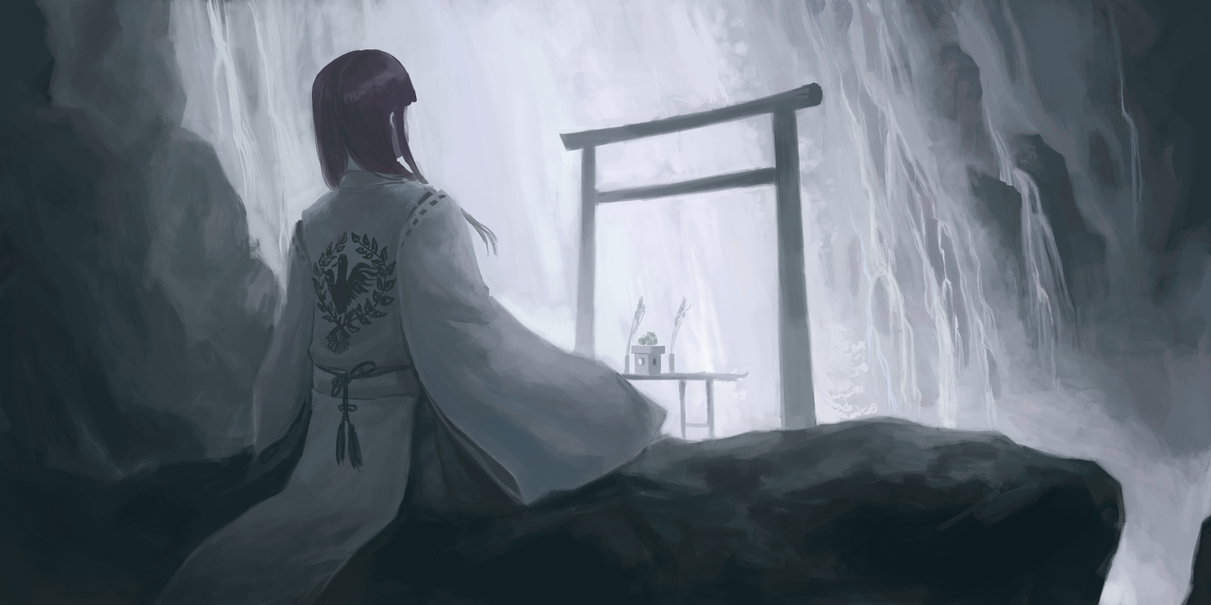 Shrine Maiden in front of a Torii gate by a waterfall HD Wallpaper