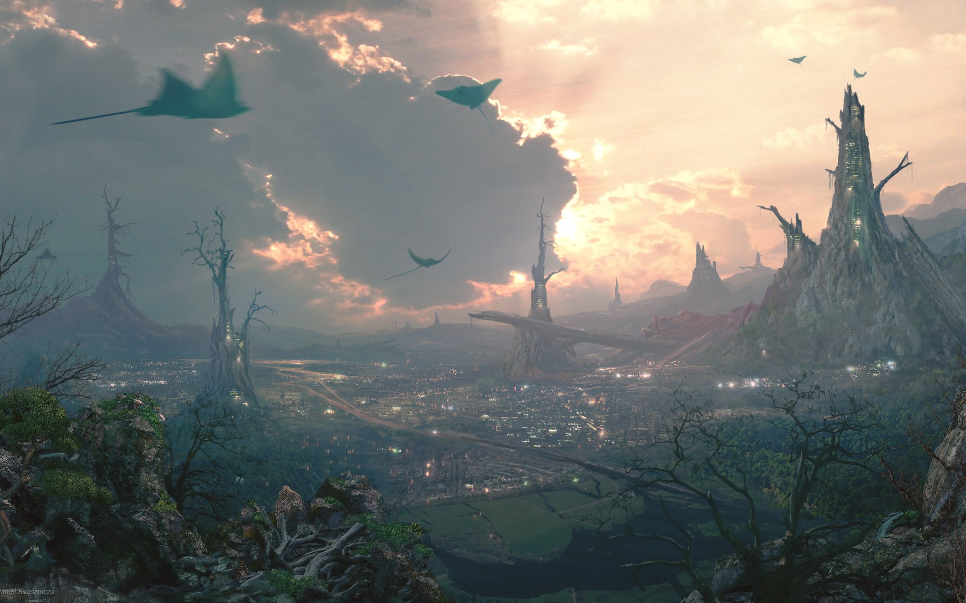 Fantasy landscape with alien creatures and futuristic city HD Wallpaper