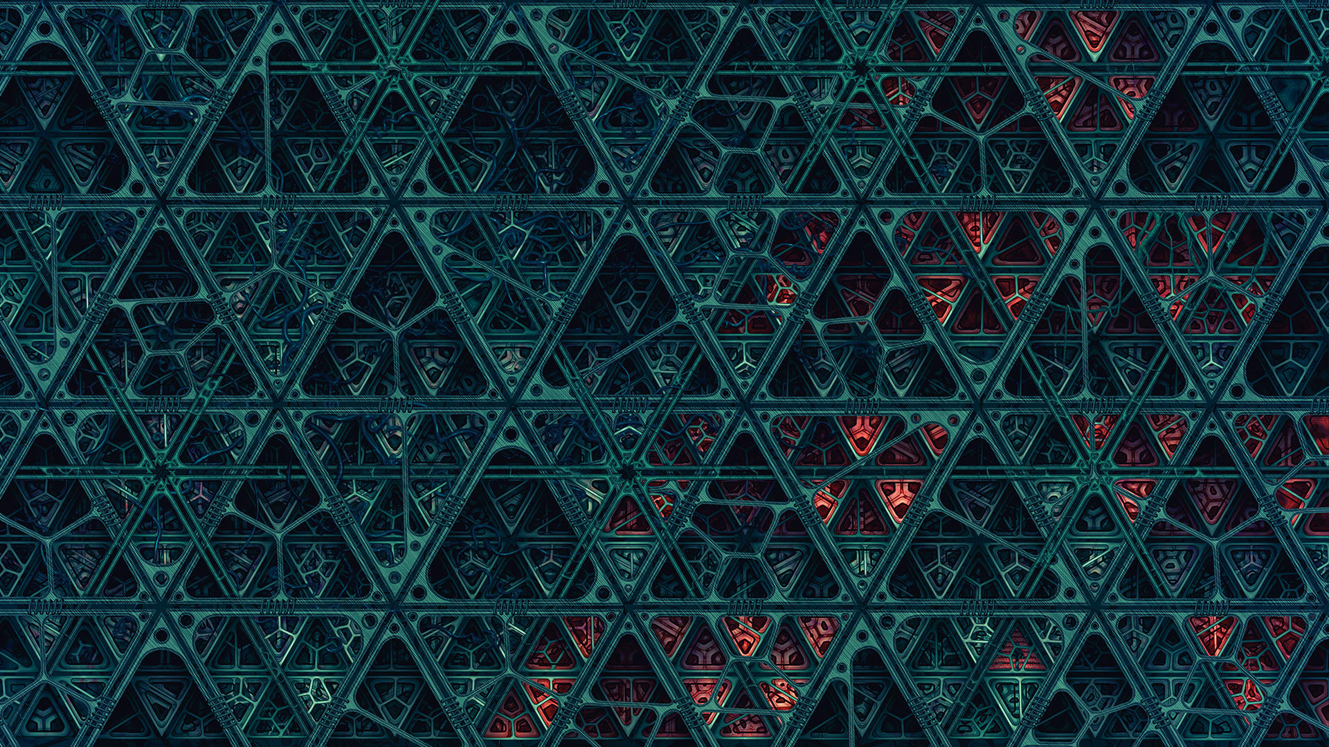 Abstract fractal pattern with red and teal geometric shapes HD Wallpaper
