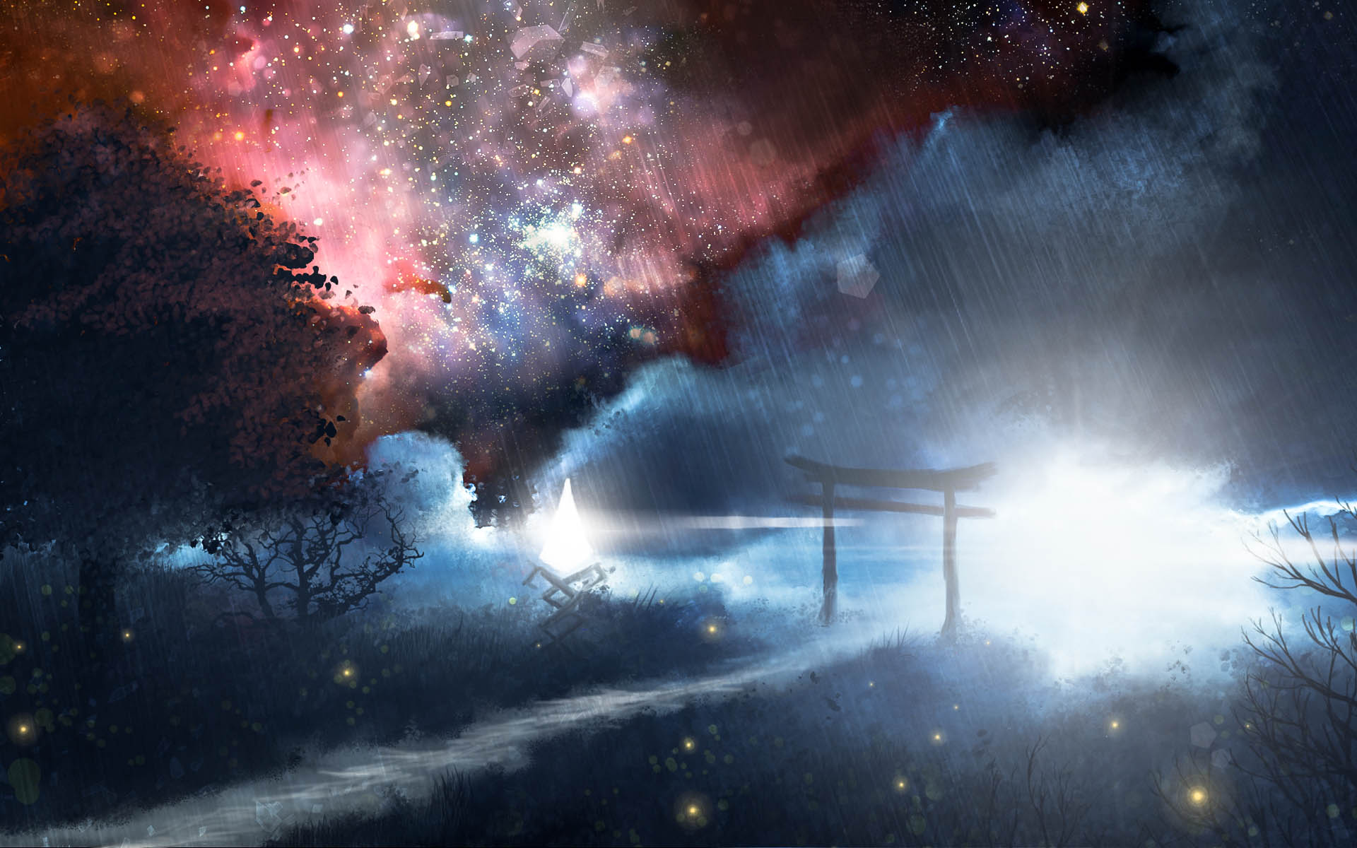 Cosmic Galaxy and Torii Gate in Rain HD Wallpaper