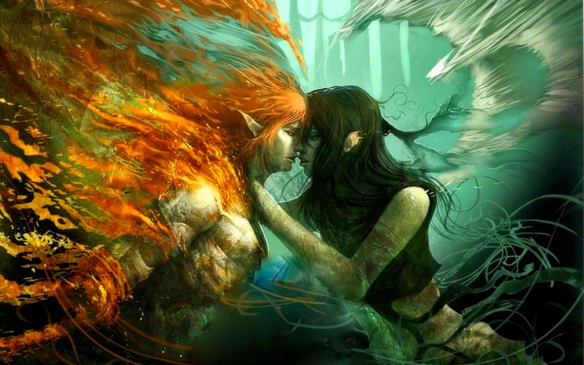Two elves, fire and water elements, embracing HD Wallpaper