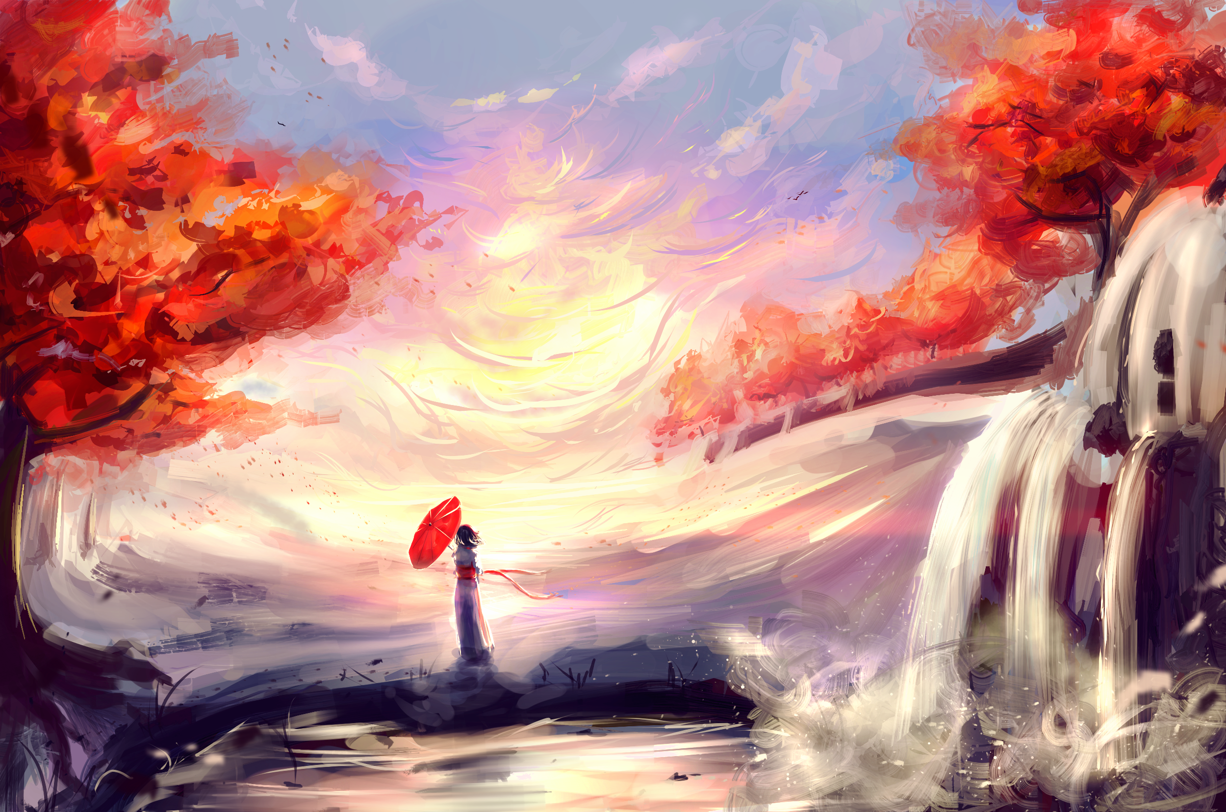 Anime girl with red umbrella by waterfall in fall HD Wallpaper