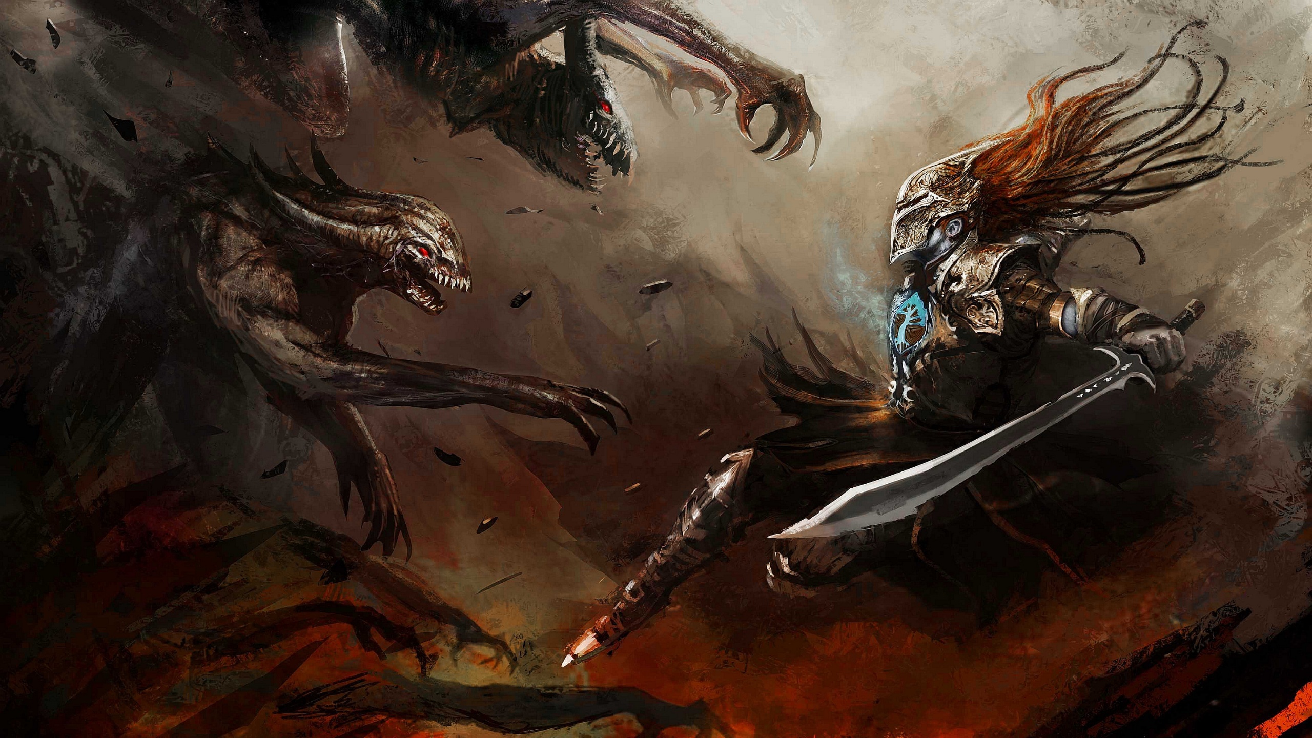 Warrior fighting monsters HD Wallpaper