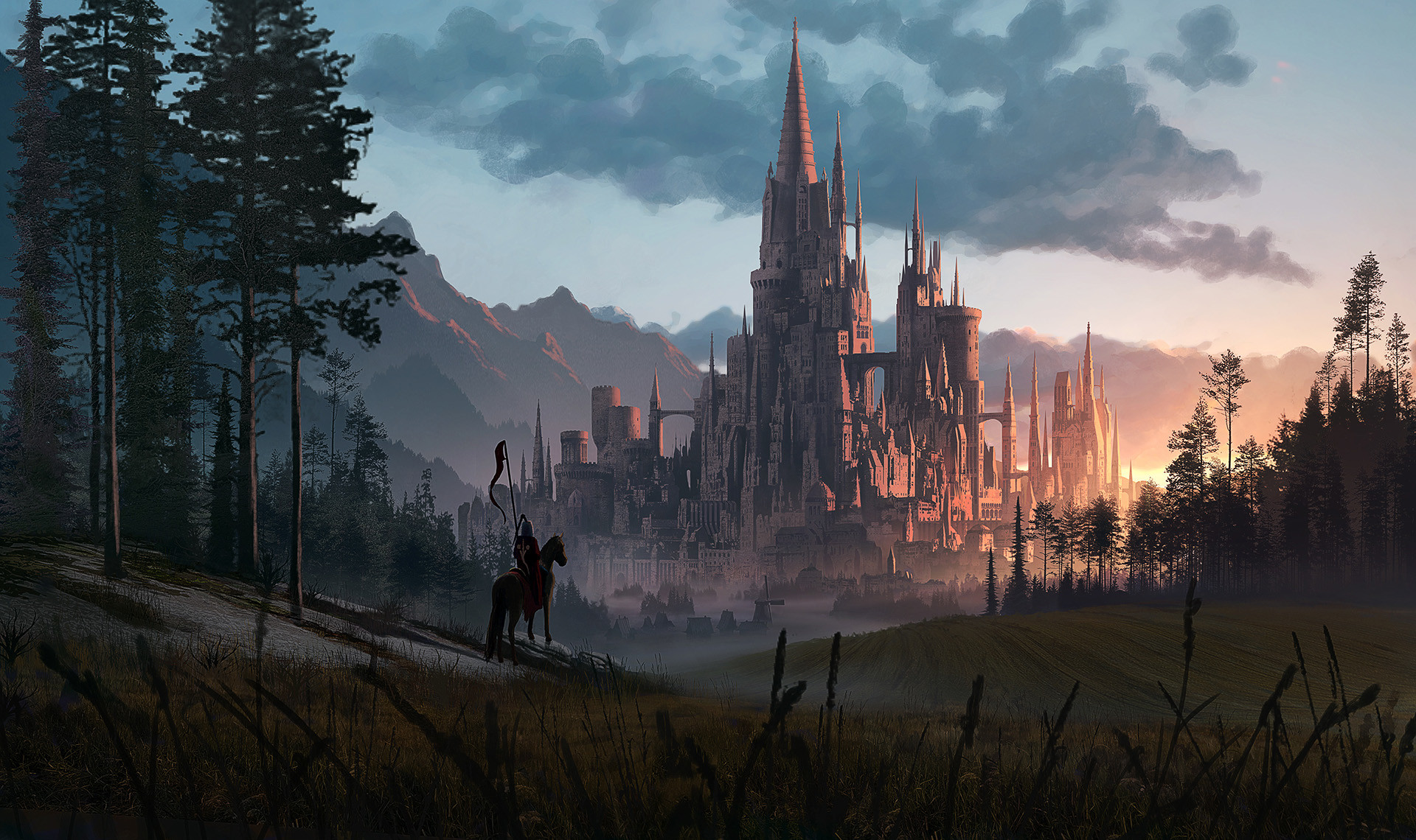 Fantasy castle with knight on horseback at sunset HD Wallpaper