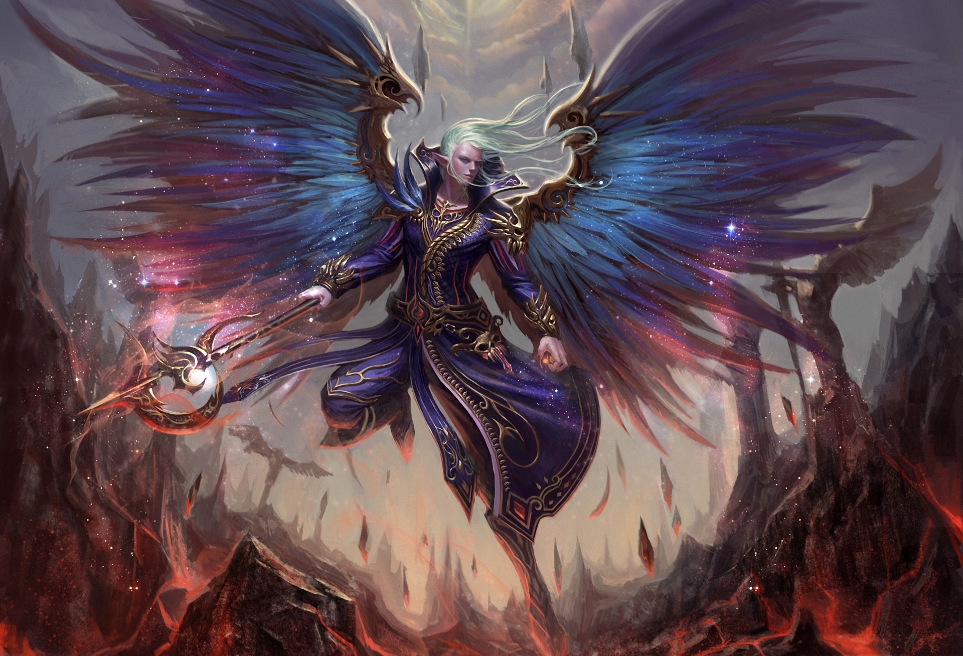 Winged Mystic with Staff in Fiery Landscape HD Wallpaper